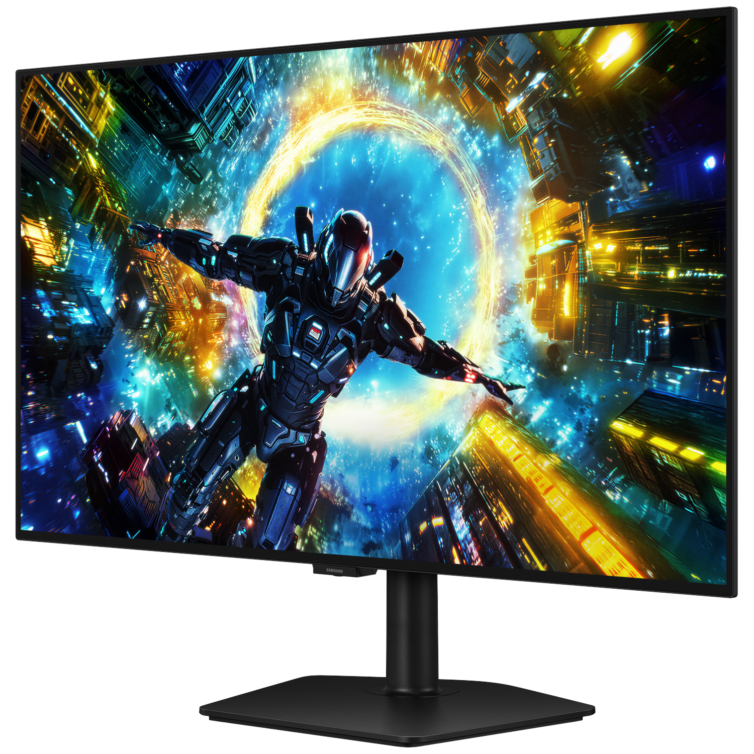 A futuristic monitor displaying a sci-fi character floating amid glowing cityscapes and a swirling energy portal.