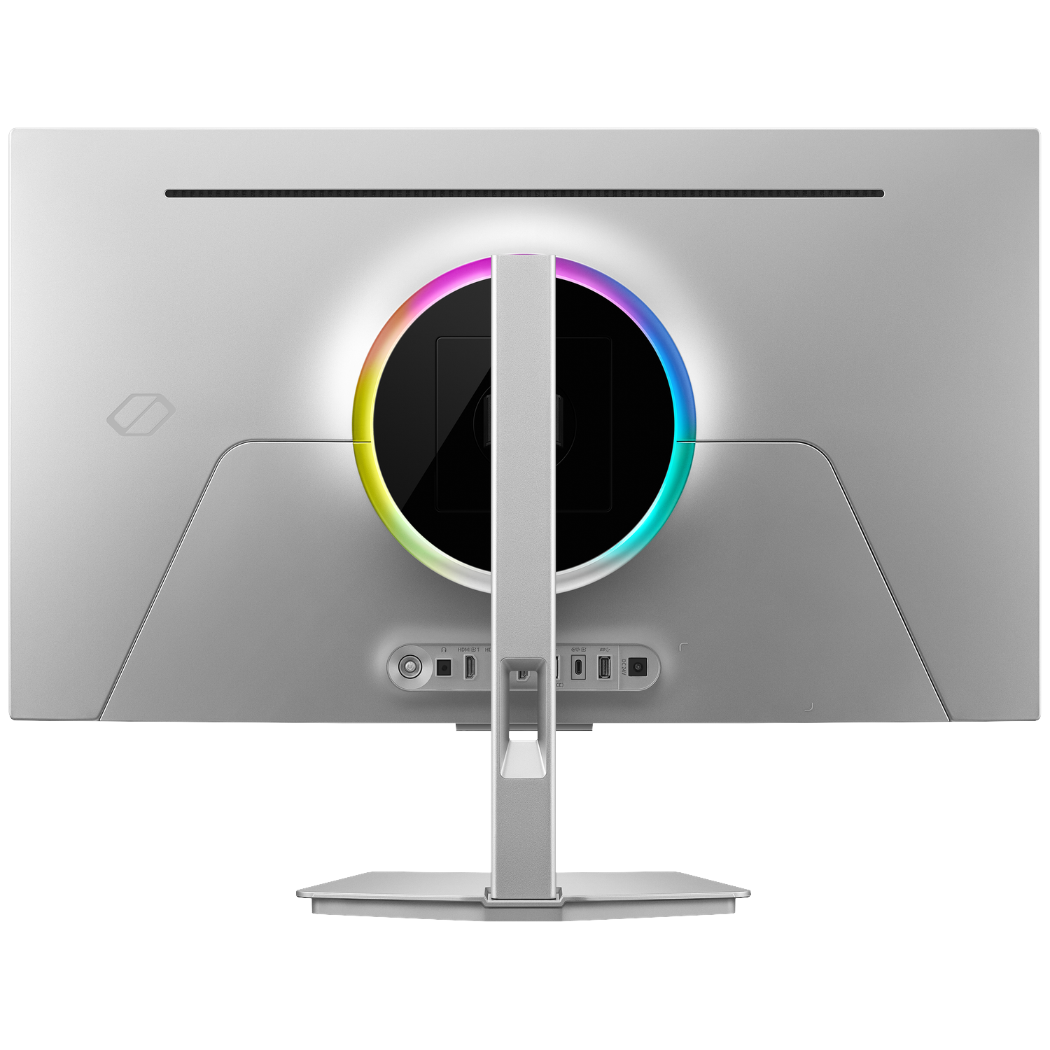 Rear view of a silver monitor with an RGB lighting ring, stand, and connection ports.
