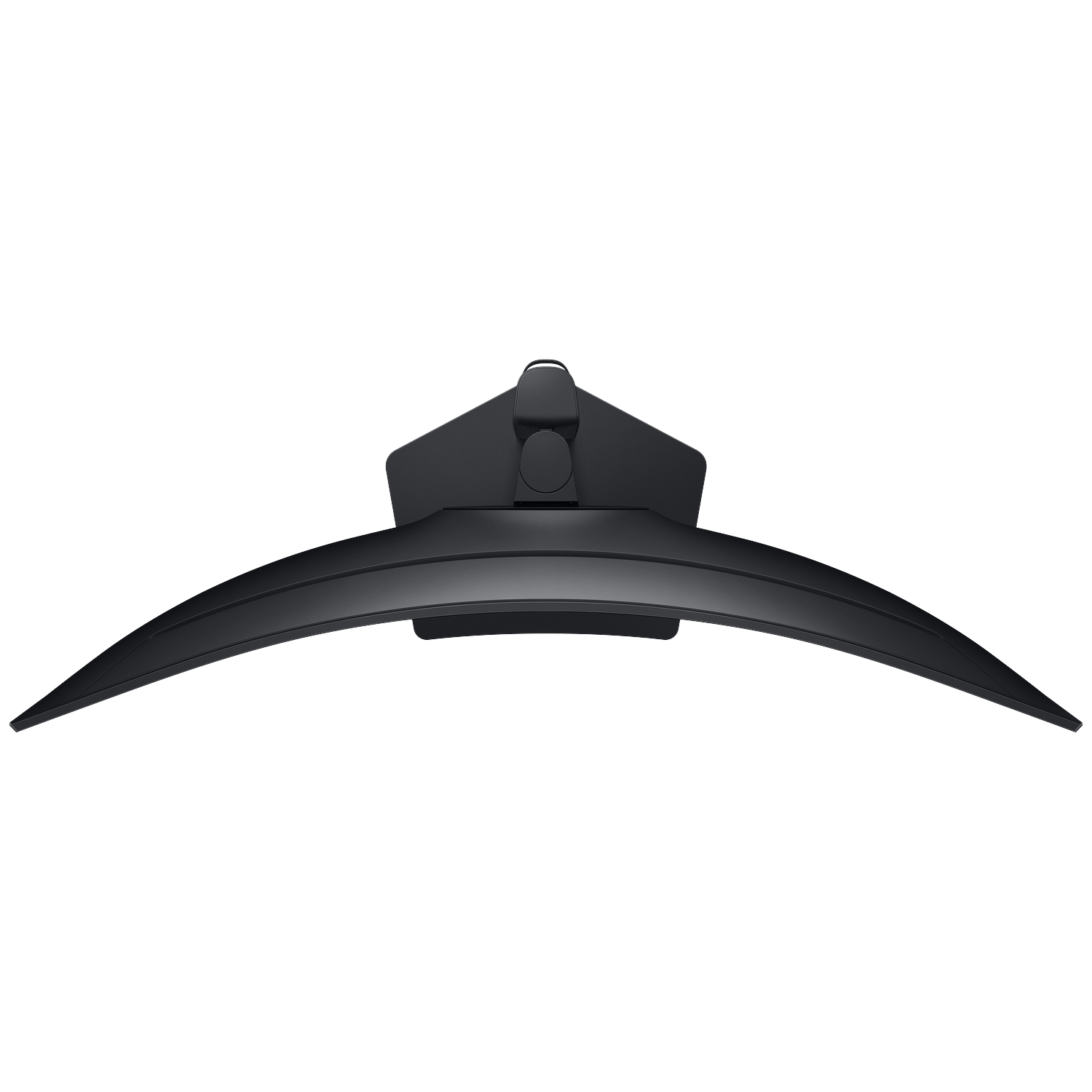 Top view of a black curved monitor on a stand against a dark background.