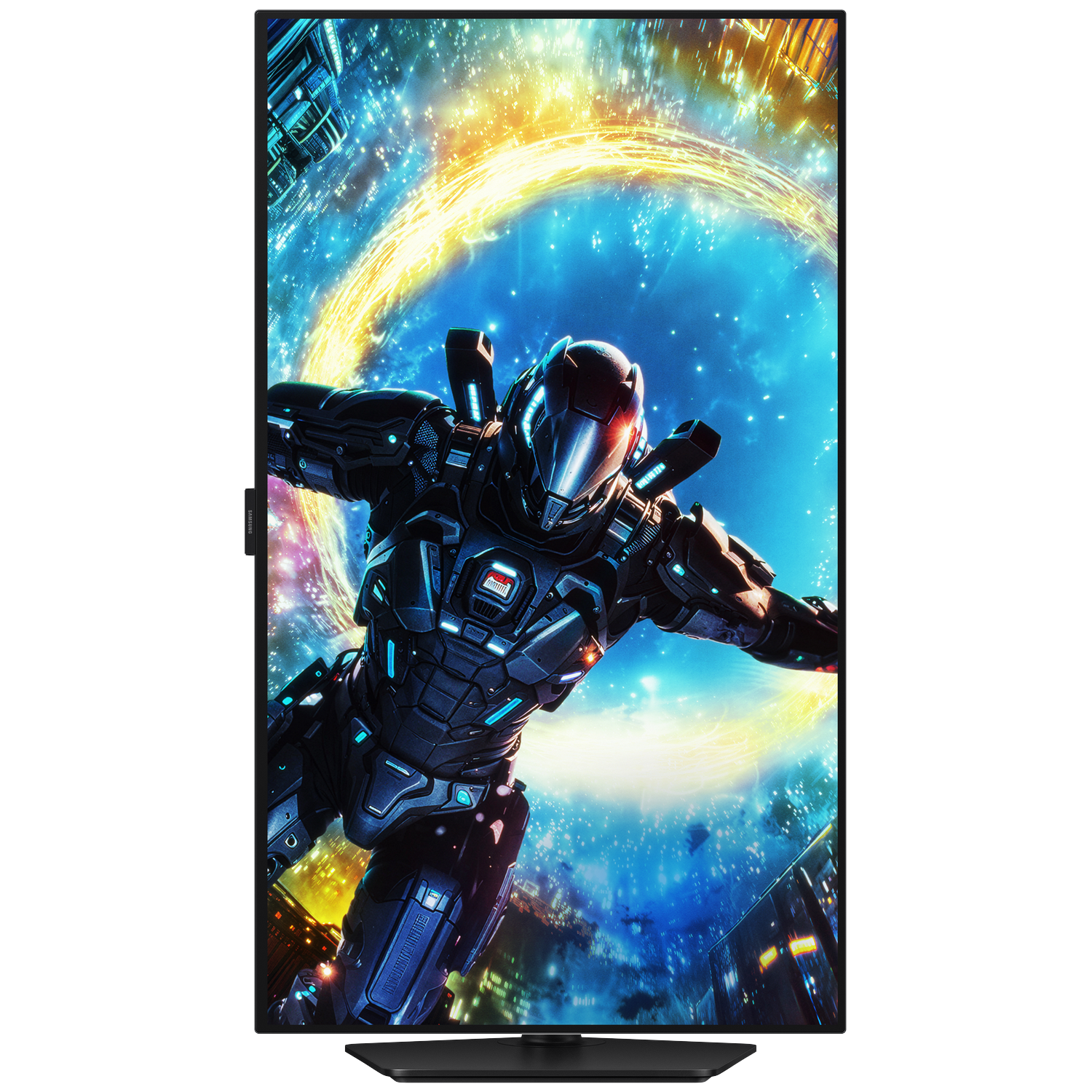 A futuristic soldier in dark armor floats before a bright, swirling energy field in a space setting.