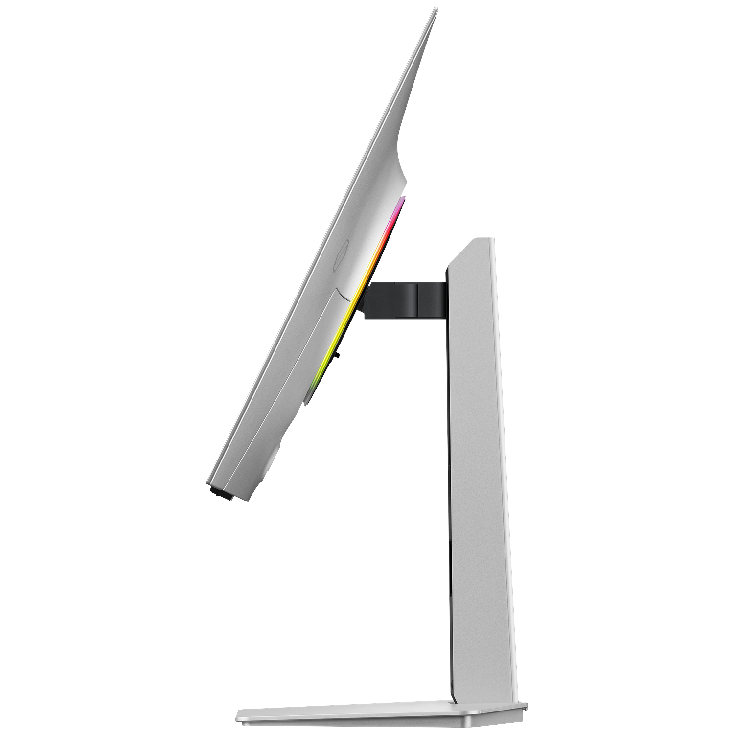 A silver computer monitor shown from the side against a black background, featuring a thin profile and a sturdy stand.