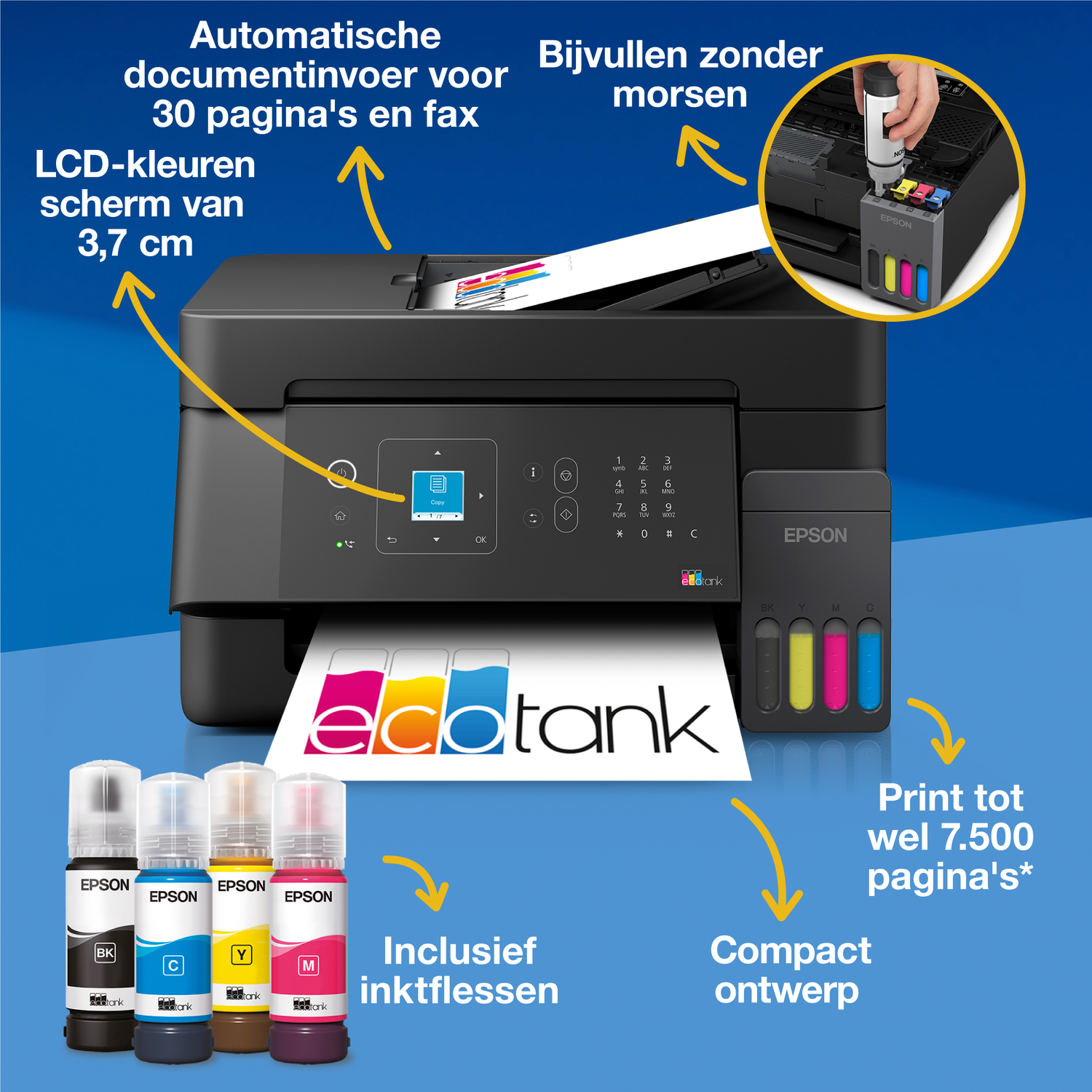 Epson EcoTank printer met inktflessen, bedieningspaneel, LCD-scherm en promotietekst op een blauwe achtergrond.