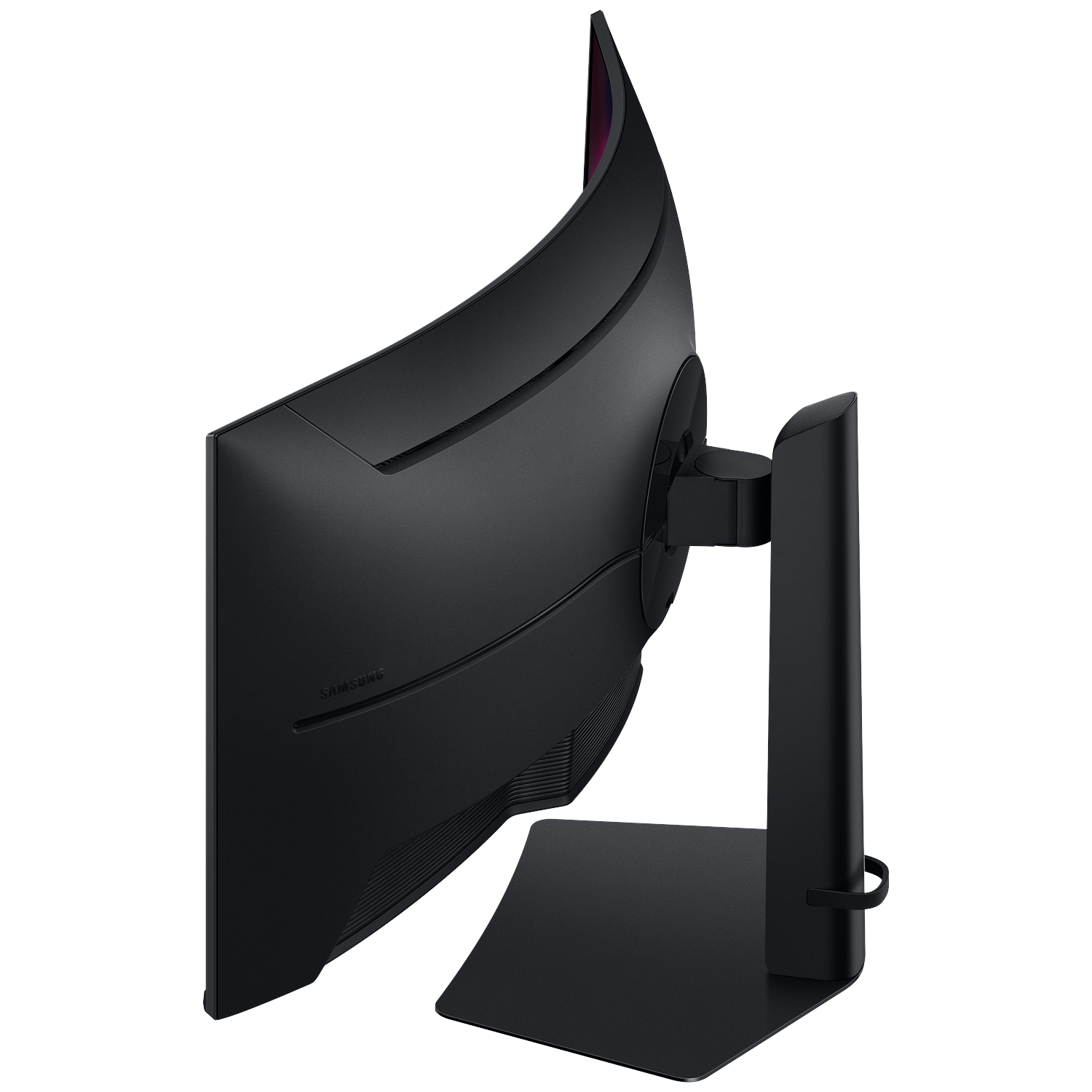 Rear view of a black curved Samsung monitor with a stand against a black background.