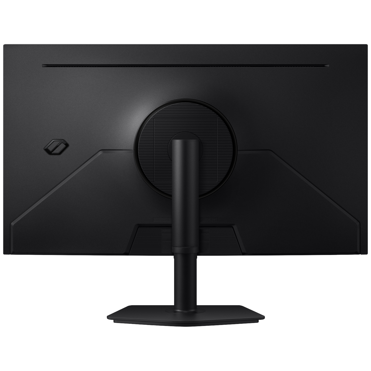 Rear view of a black monitor with a circular mount and wide base against a black background.