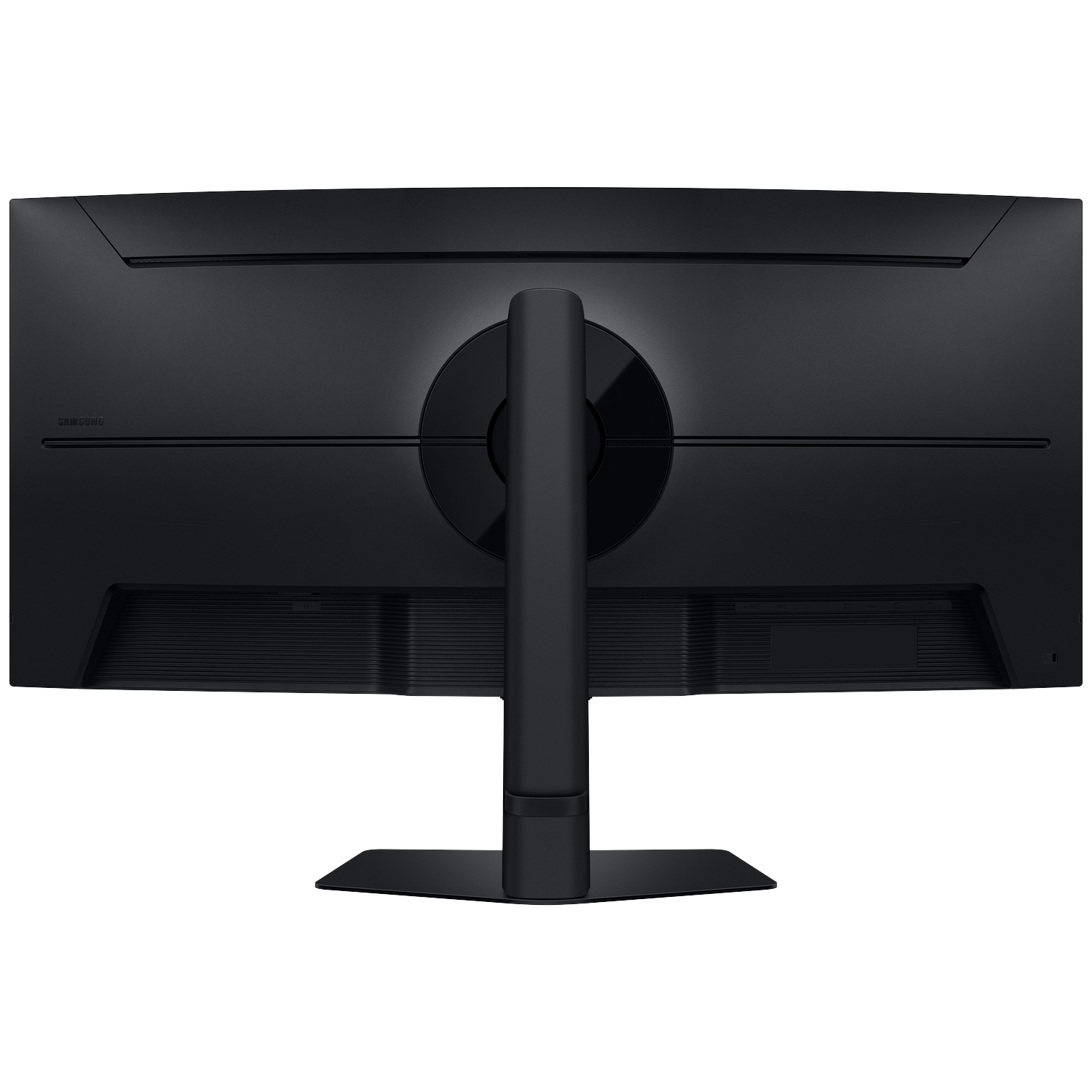 Rear view of a black Samsung curved monitor on a stand against a black background.