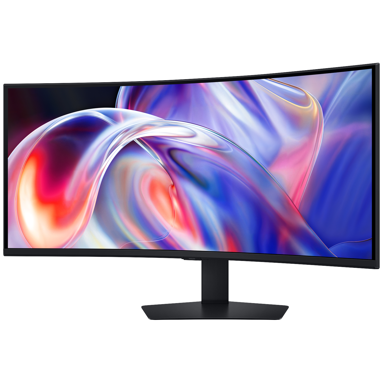 A wide, curved monitor with a black frame on a stand displays an abstract, colorful image.