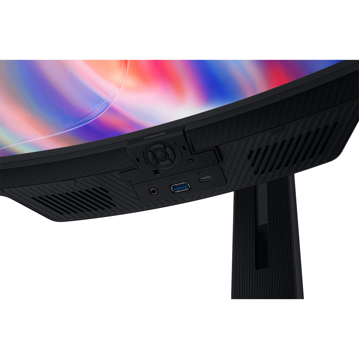 Bottom view of a black Samsung monitor with ports, a control button, and an attached stand against a black background.