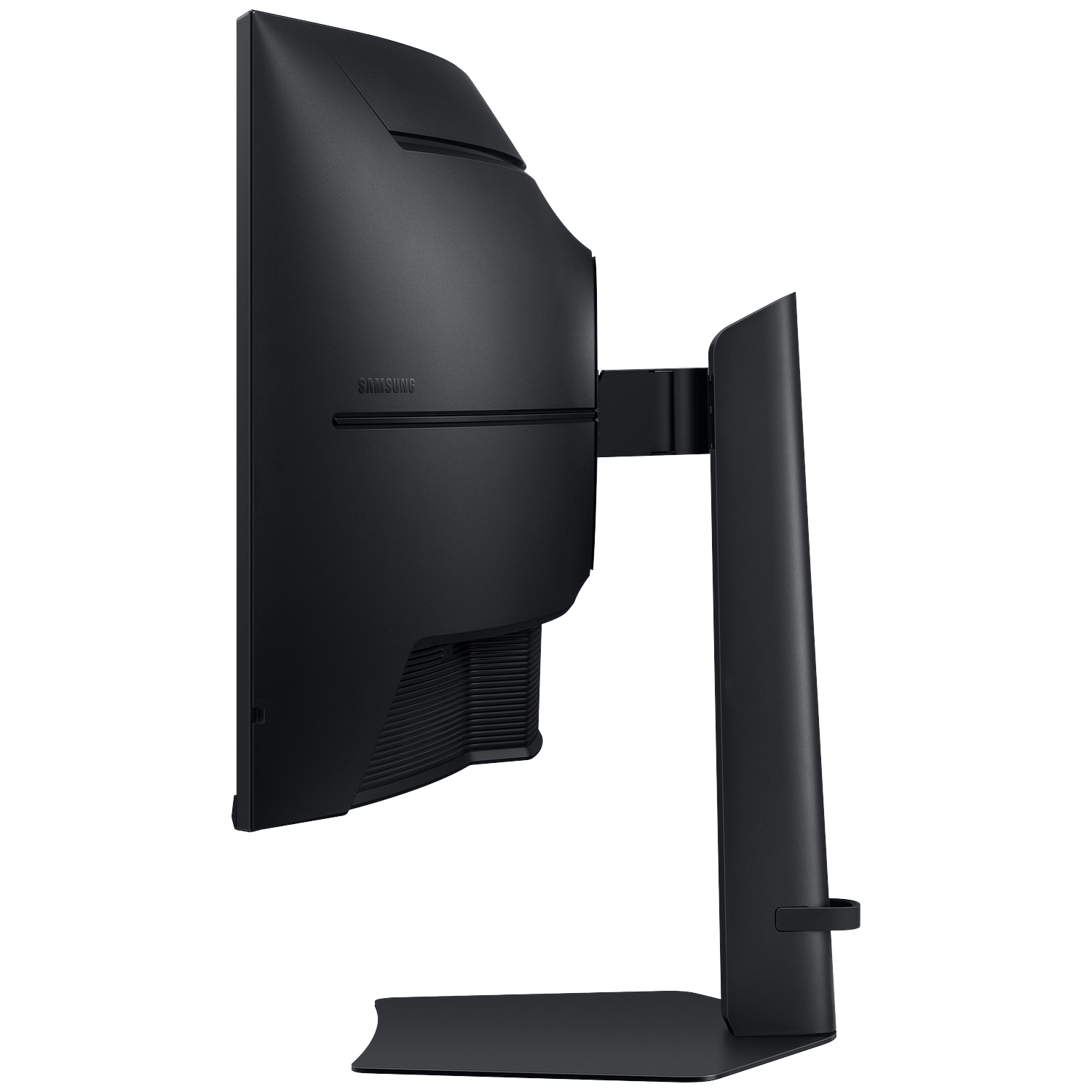 Rear view of a black Samsung monitor with an ergonomic stand against a black background.