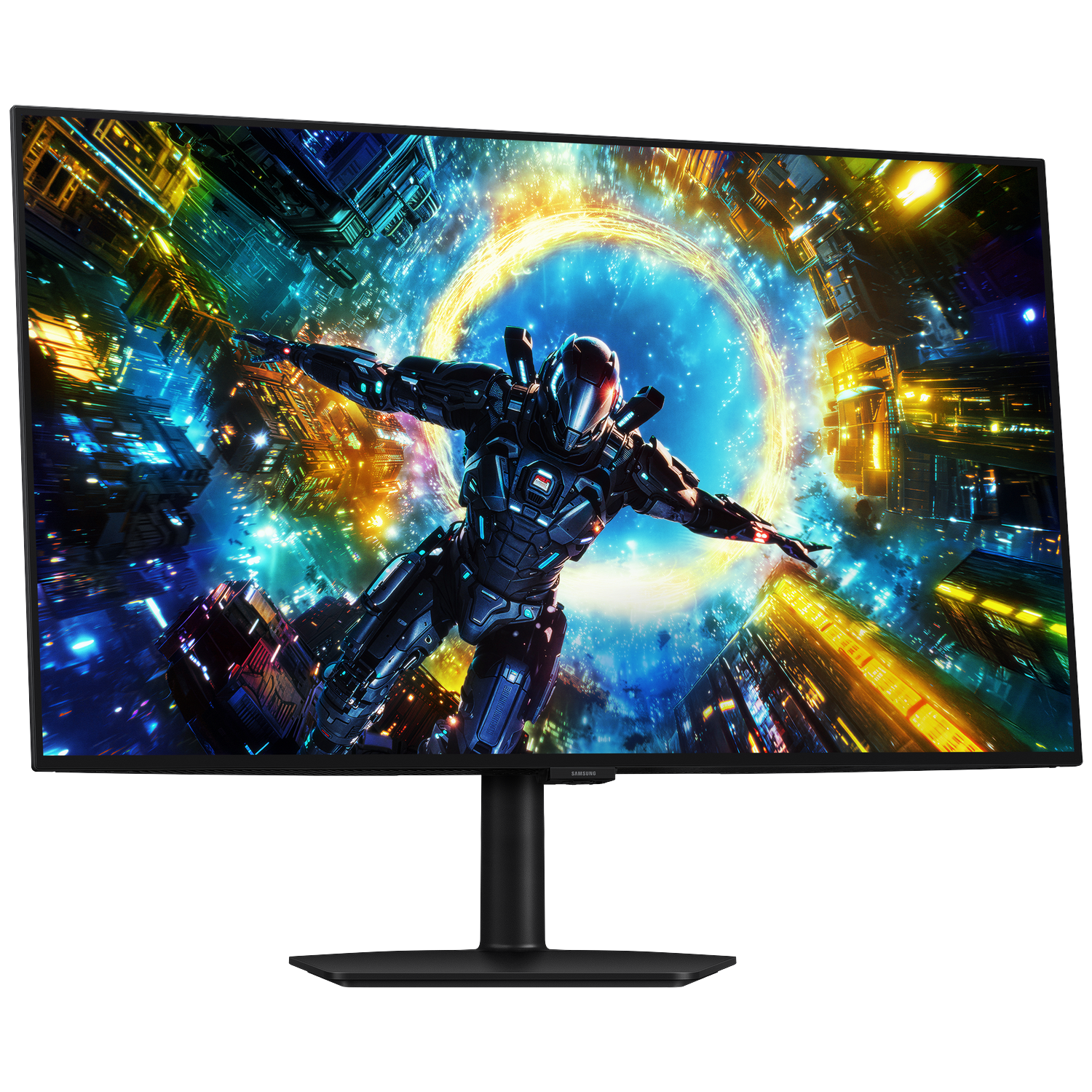 A black monitor displays a futuristic sci-fi scene with a robot in a city full of lights.