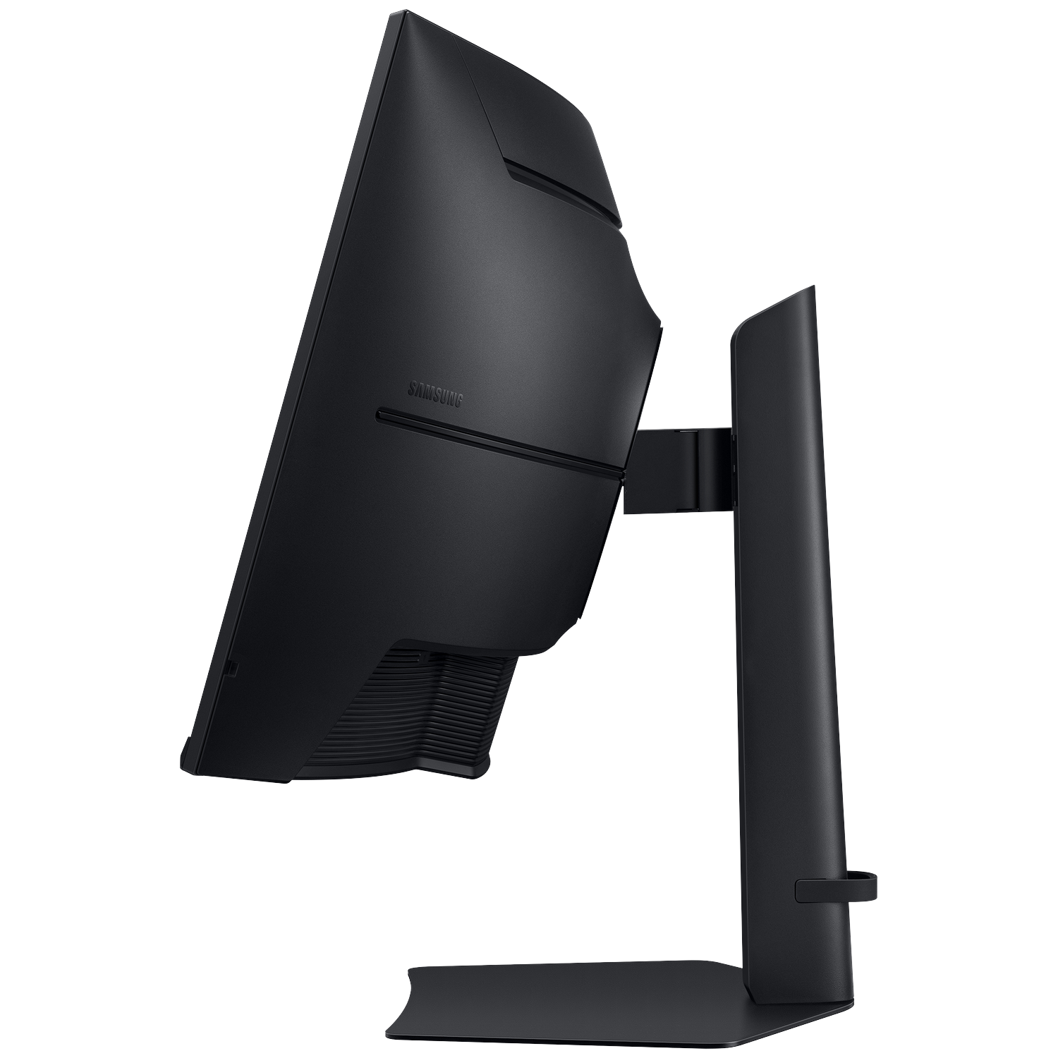A black Samsung curved computer monitor is shown from the side against a black background.