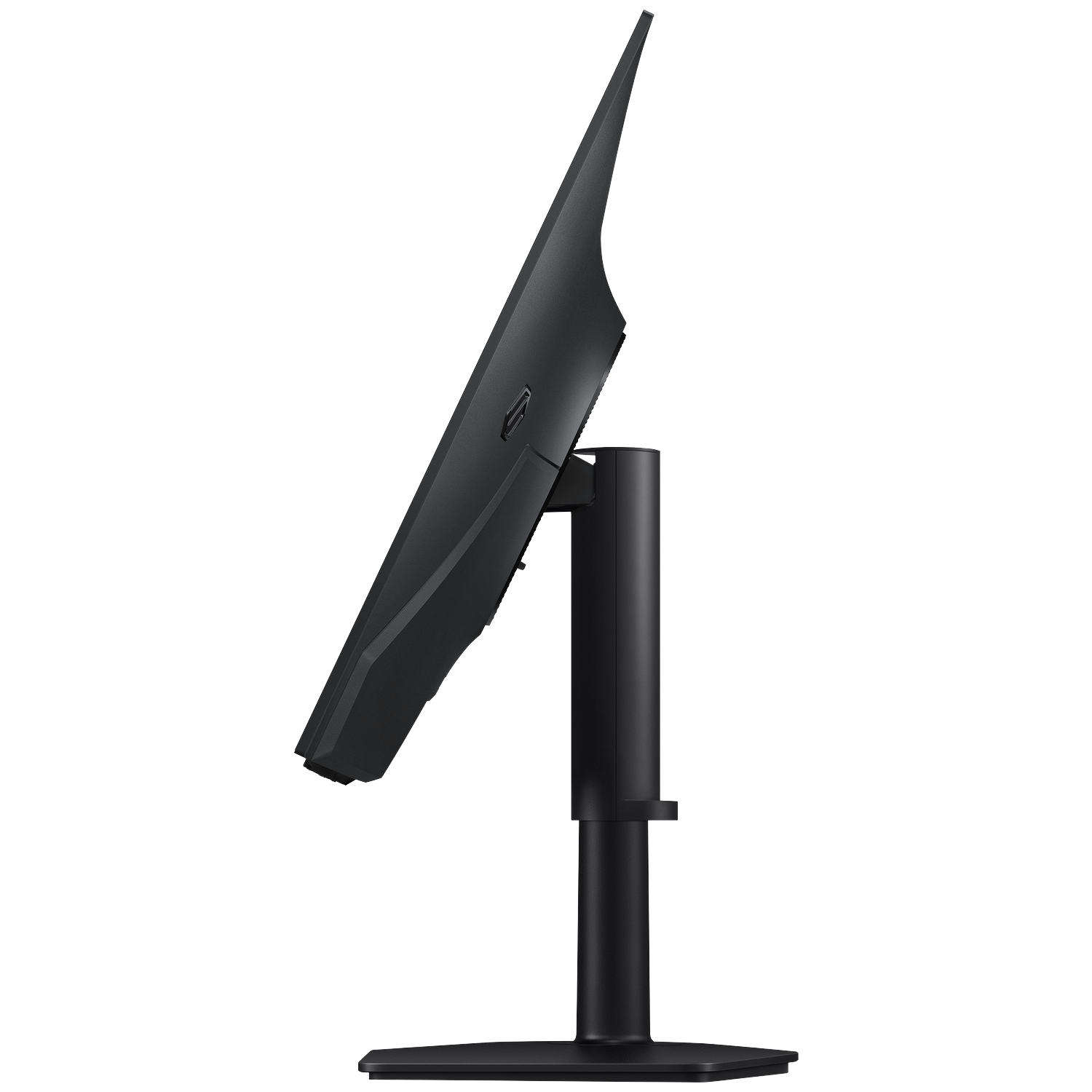 Side view of a slim black computer monitor on a stand against a black background.