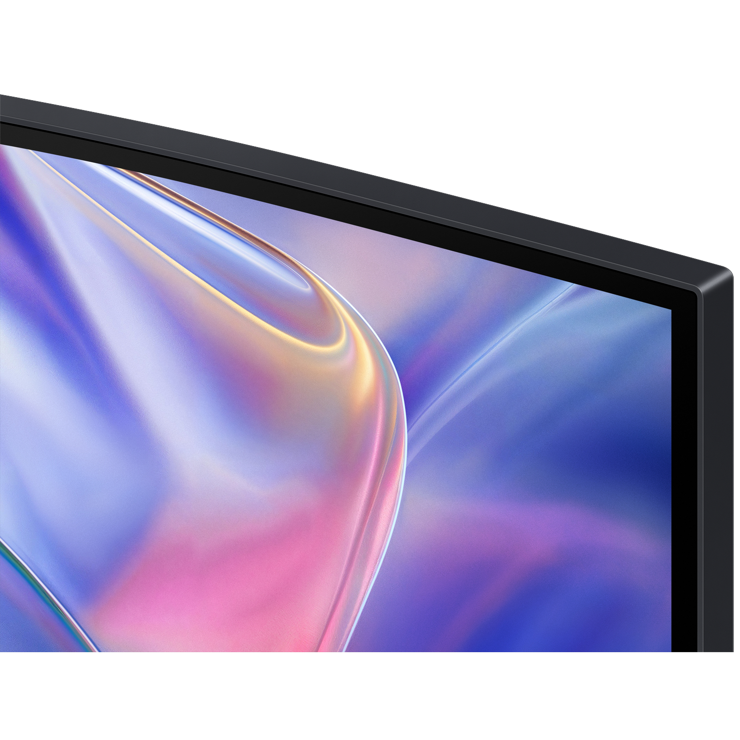 The corner of a thin black television displays an abstract, fluid pattern in shades of blue and pink.