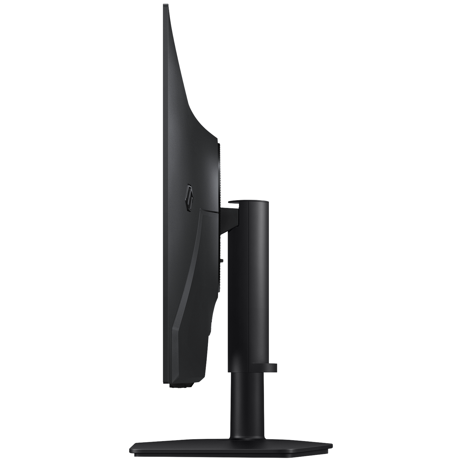 Side view of a black computer monitor with stand against a black background.