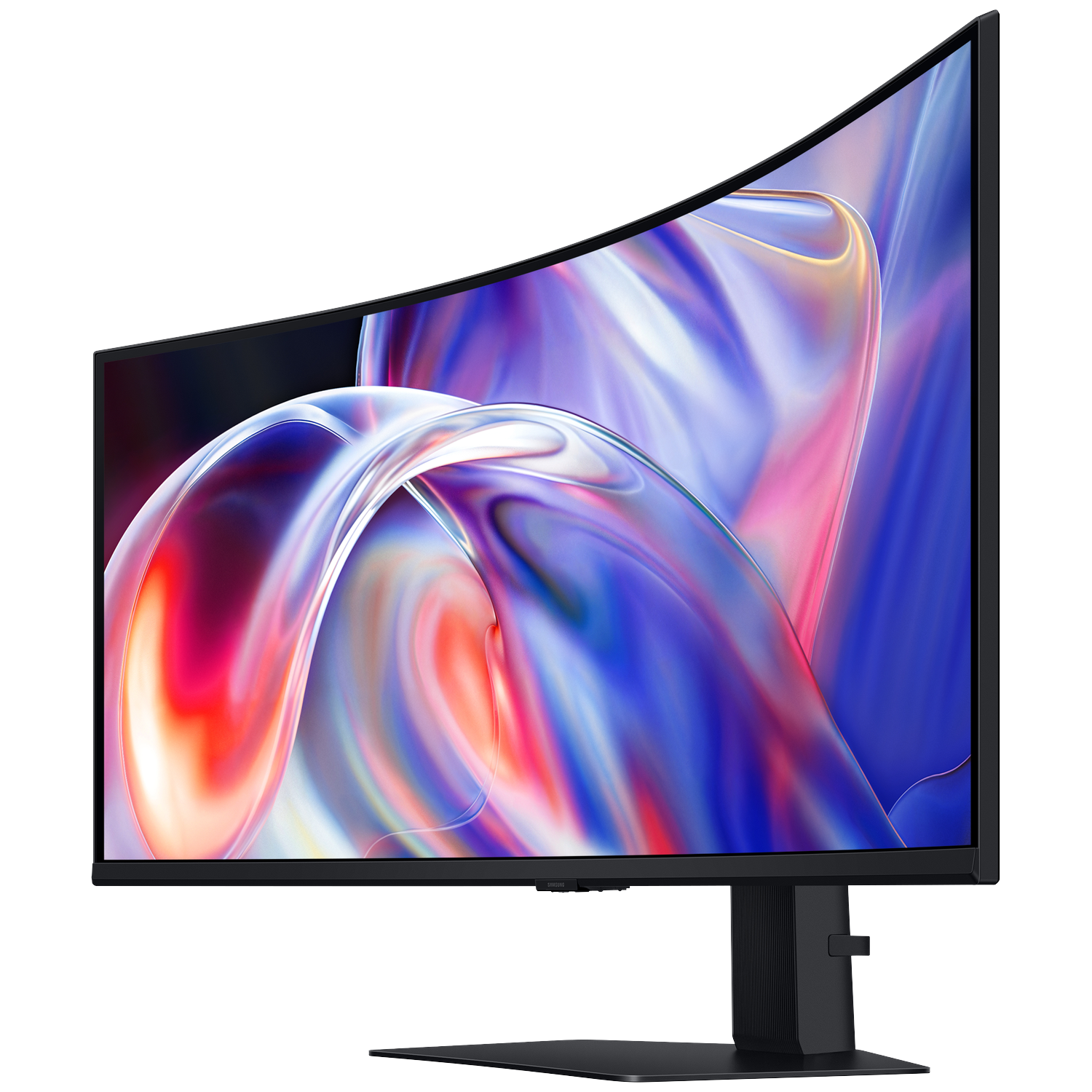A curved monitor with a black bezel displays an abstract, colorful pattern of light and color on the screen.