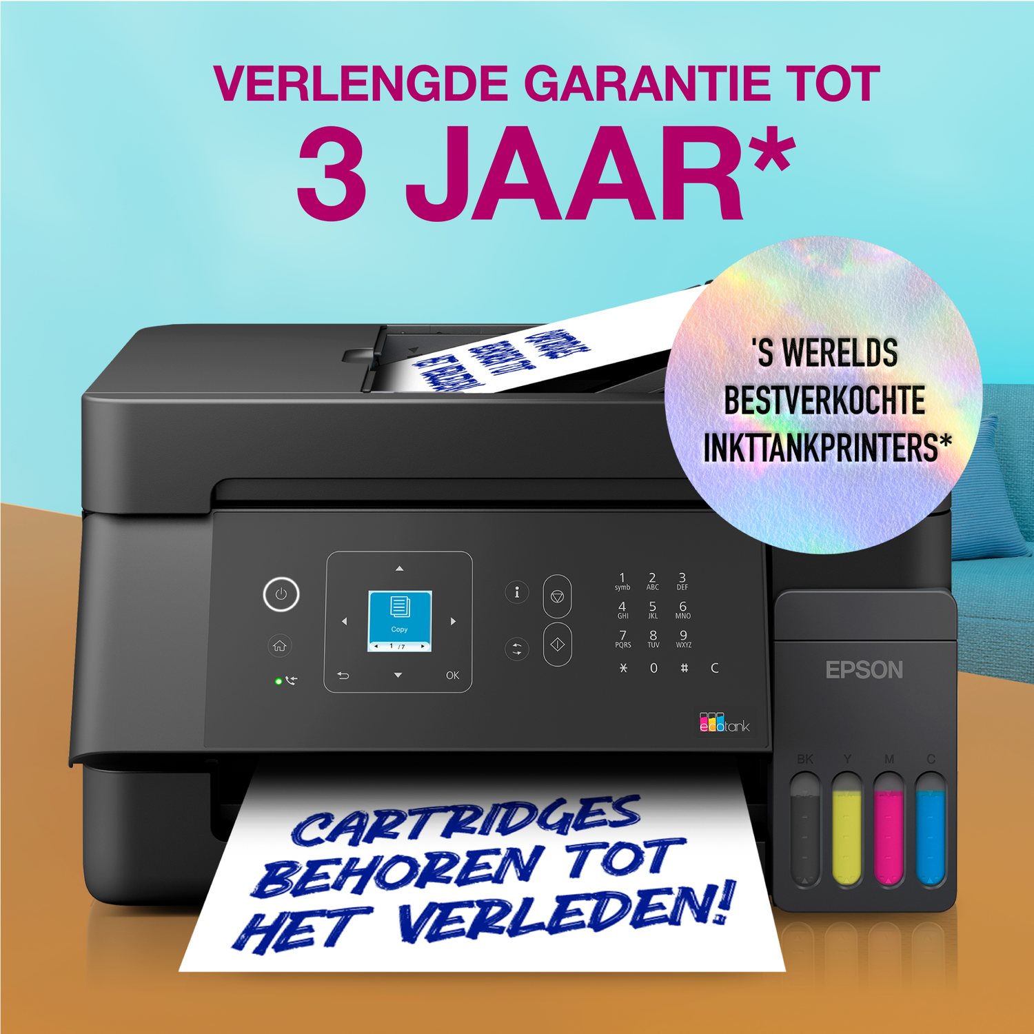 Epson EcoTank printer met tekst op afgedrukt papier en garantietekst.