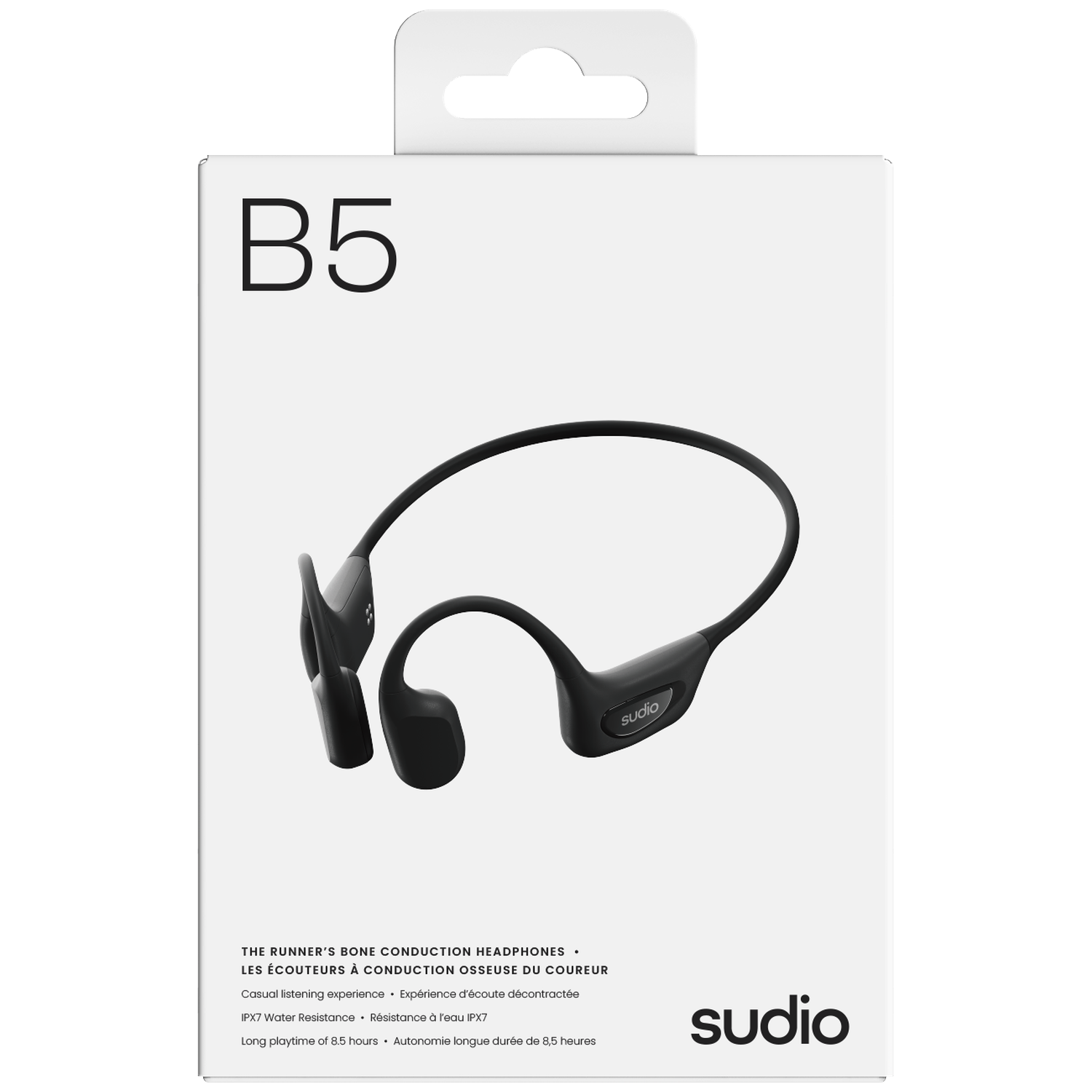 Witte productdoos voor Sudio B5 beengeleiding koptelefoon met apparaat en kenmerken.