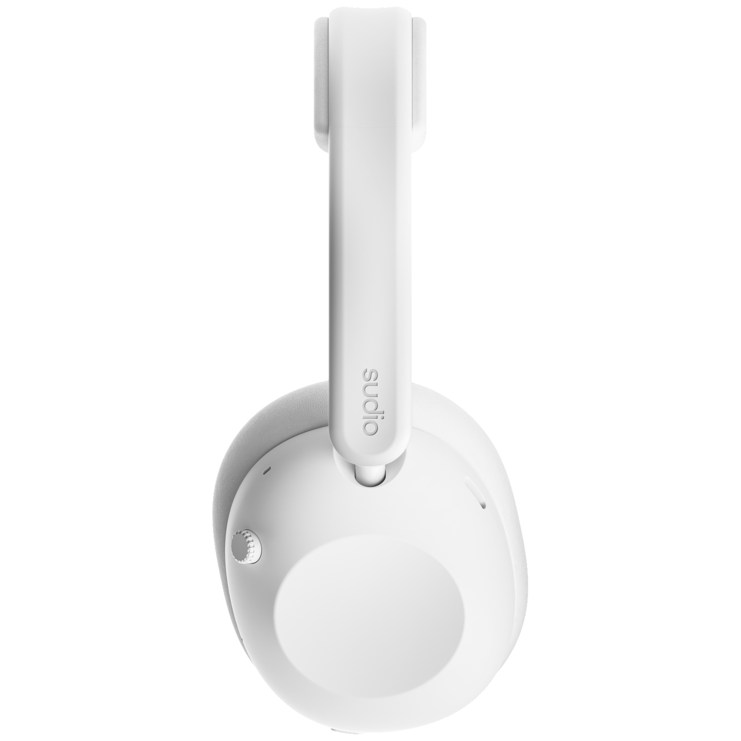 Casque supra-auriculaire Sudio blanc sur fond noir.
