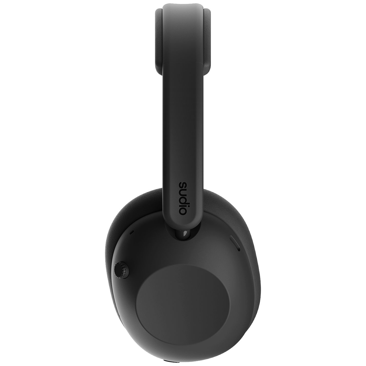 Casque sans fil noir avec la marque Sudio sur l'arceau, sur fond noir.
