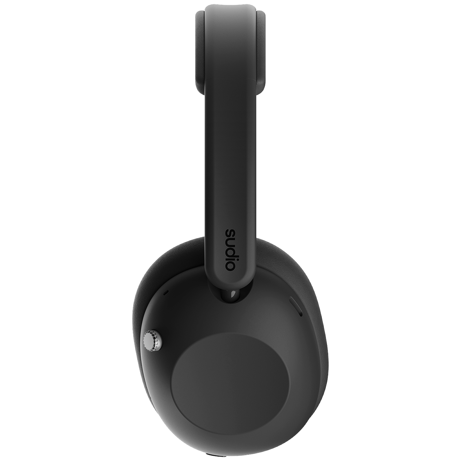 Casque supra-auriculaire noir avec le logo Sudio sur l'arceau et une molette de volume argentée sur fond noir uni.