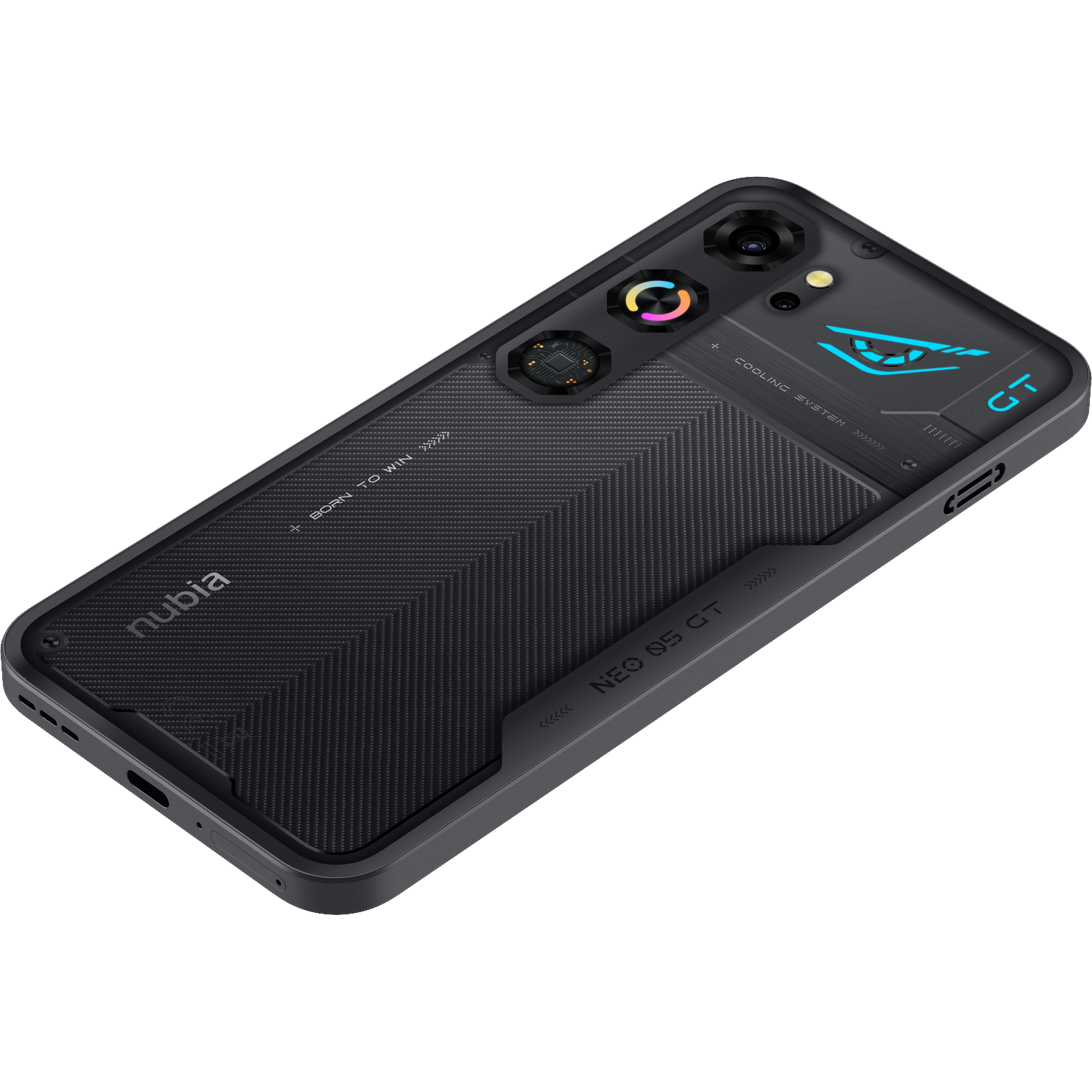 Achterkant van de Nubia Neo 5 GT smartphone met getextureerd zwart ontwerp, dubbele camera's en blauw oogpatroon.