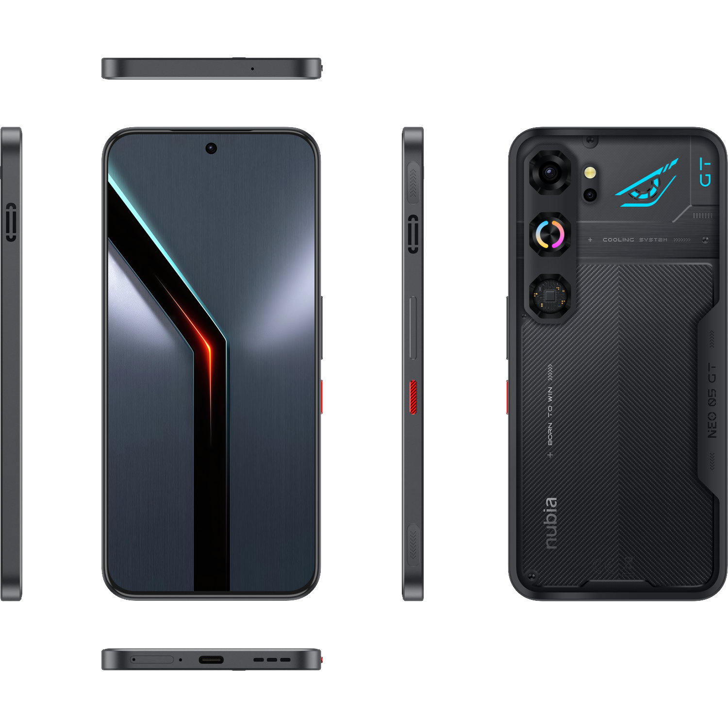 Nubia-smartphone vanuit meerdere hoeken, met focus op game-ontwerp, camera's en getextureerde achterkant.