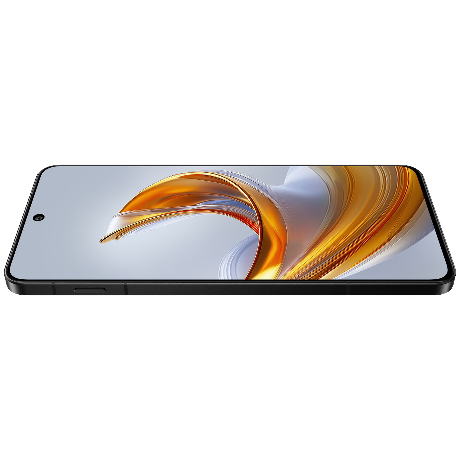 Een zwarte smartphone toont een abstract, goudkleurig wervelend ontwerp op een lichte achtergrond.