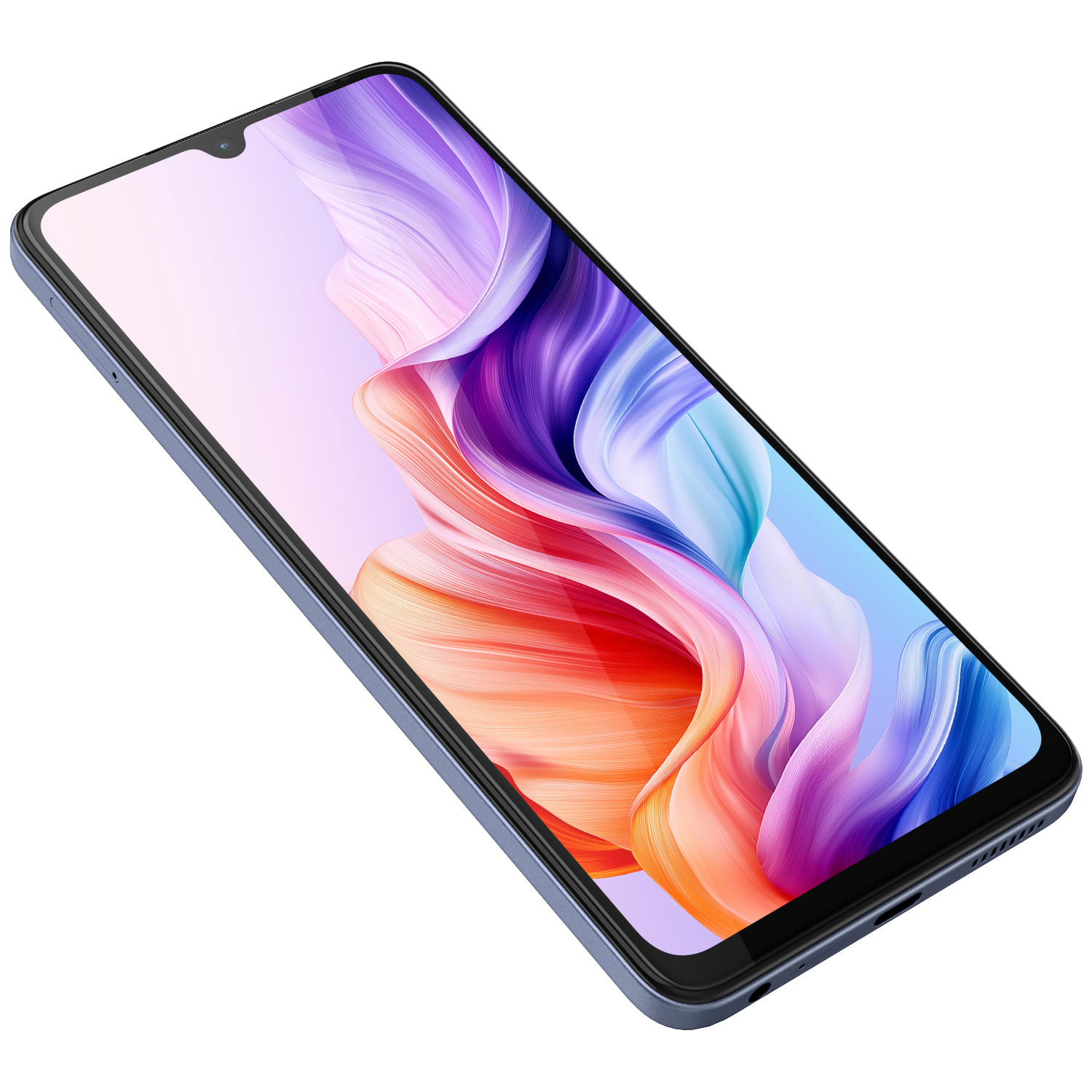 A smartphone with a bright screen displays a colorful, curved wave pattern in purple, blue, and orange against a black background.