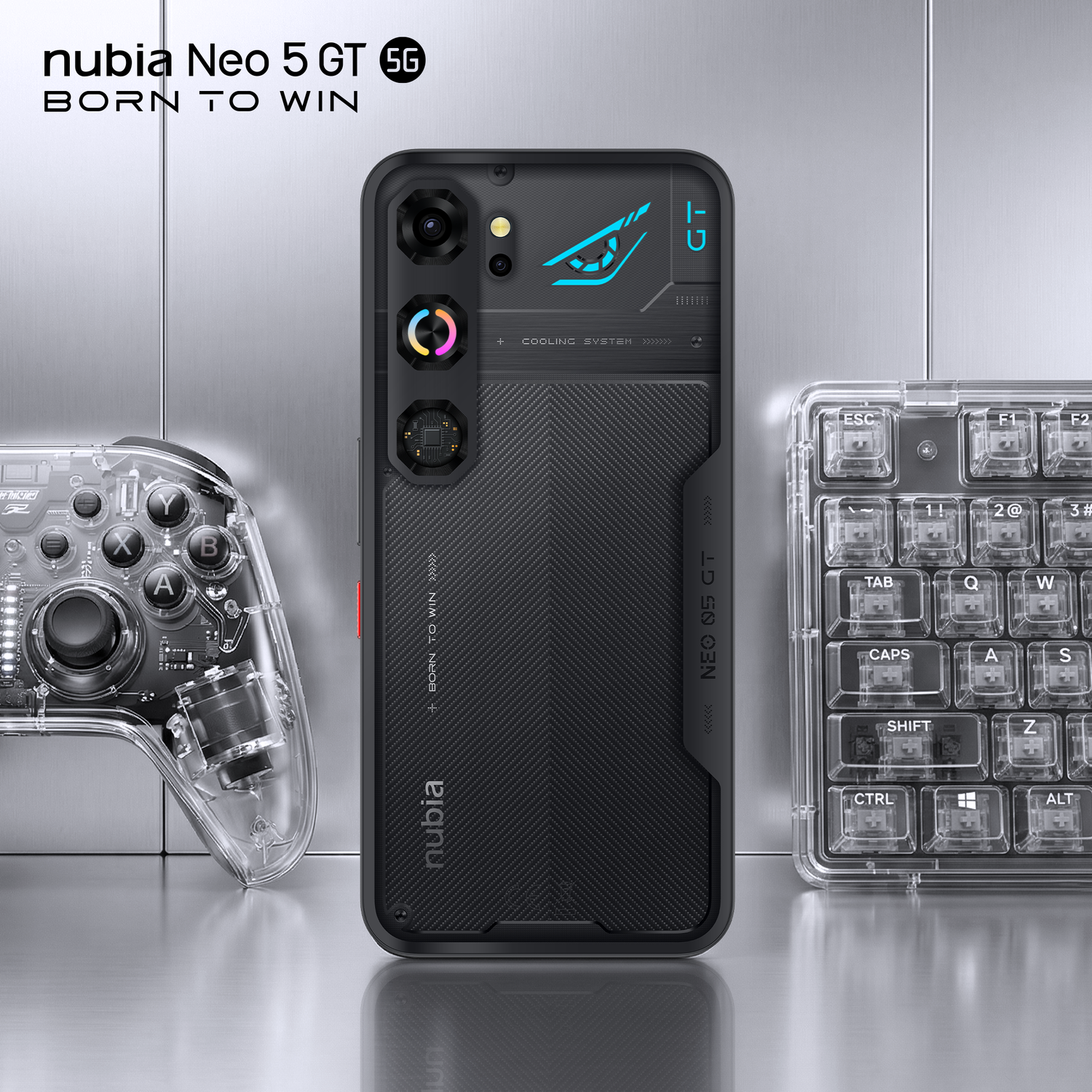 Nubia Neo 5 GT 5G smartphone in het midden, flankerend door een transparante controller en toetsenbord.