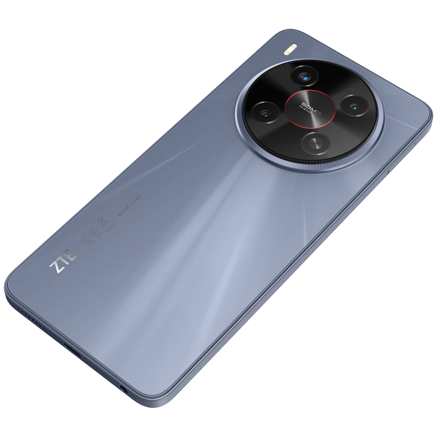 Blue back of a ZTE smartphone with a large circular camera module.