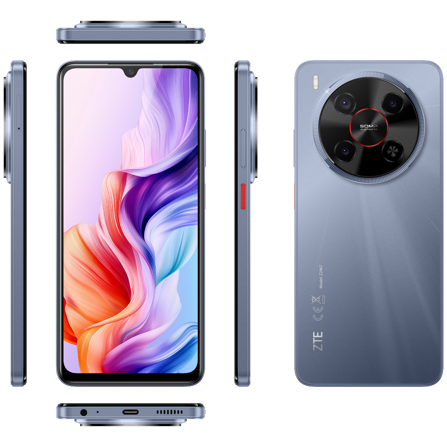 Front, back, and side views of a blue smartphone featuring a large circular rear camera module and colorful screen.