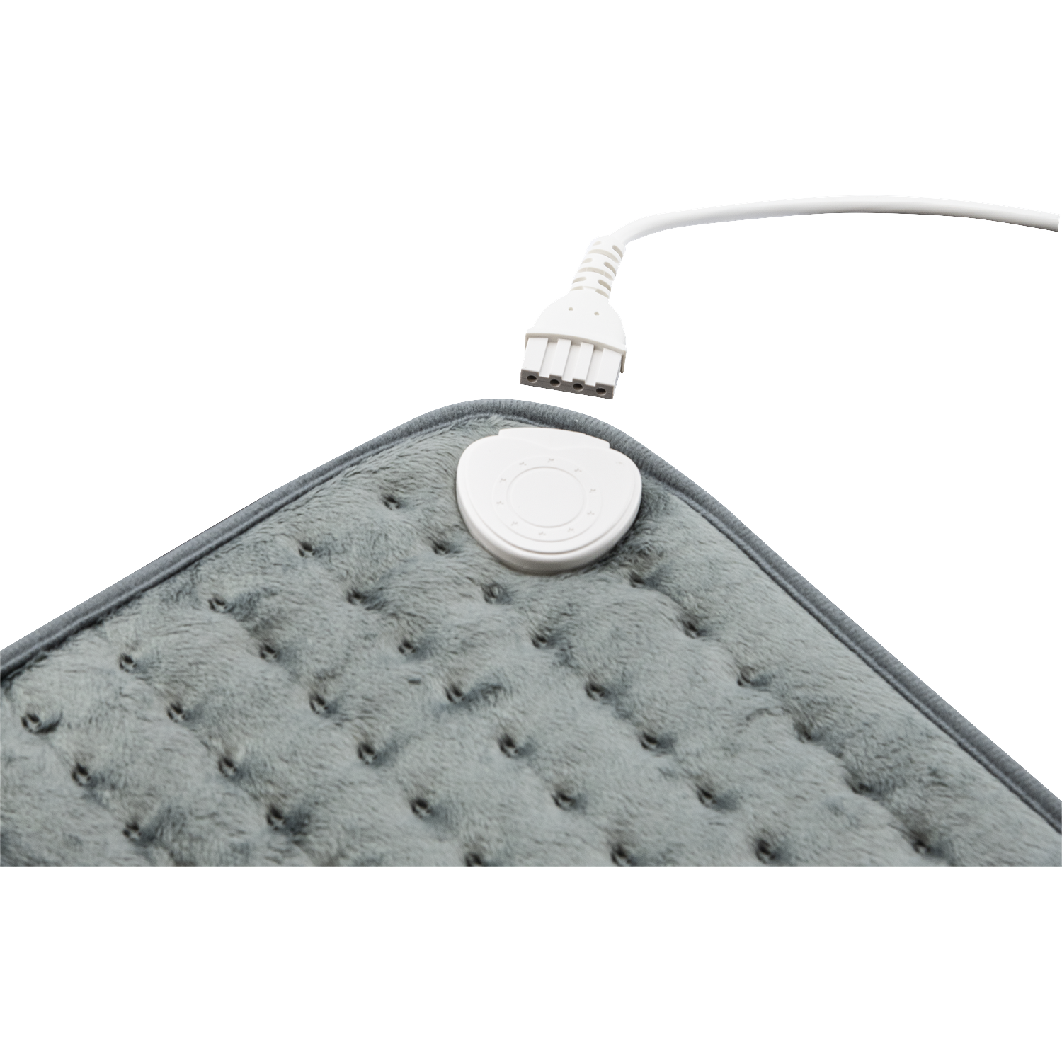 A grey heating pad with a white detachable power cable connector on a black background.