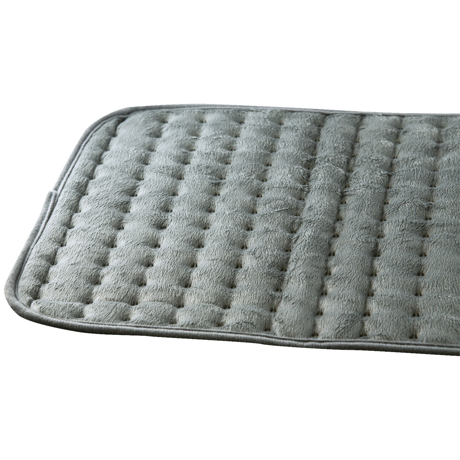 A close-up of a soft grey quilted heating pad against a black background.