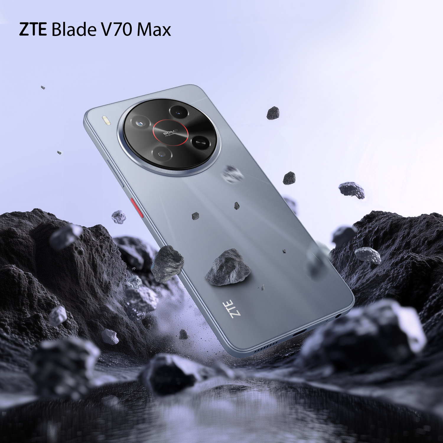 ZTE Blade V70 Max smartphone in a space-themed setting with floating rocks.