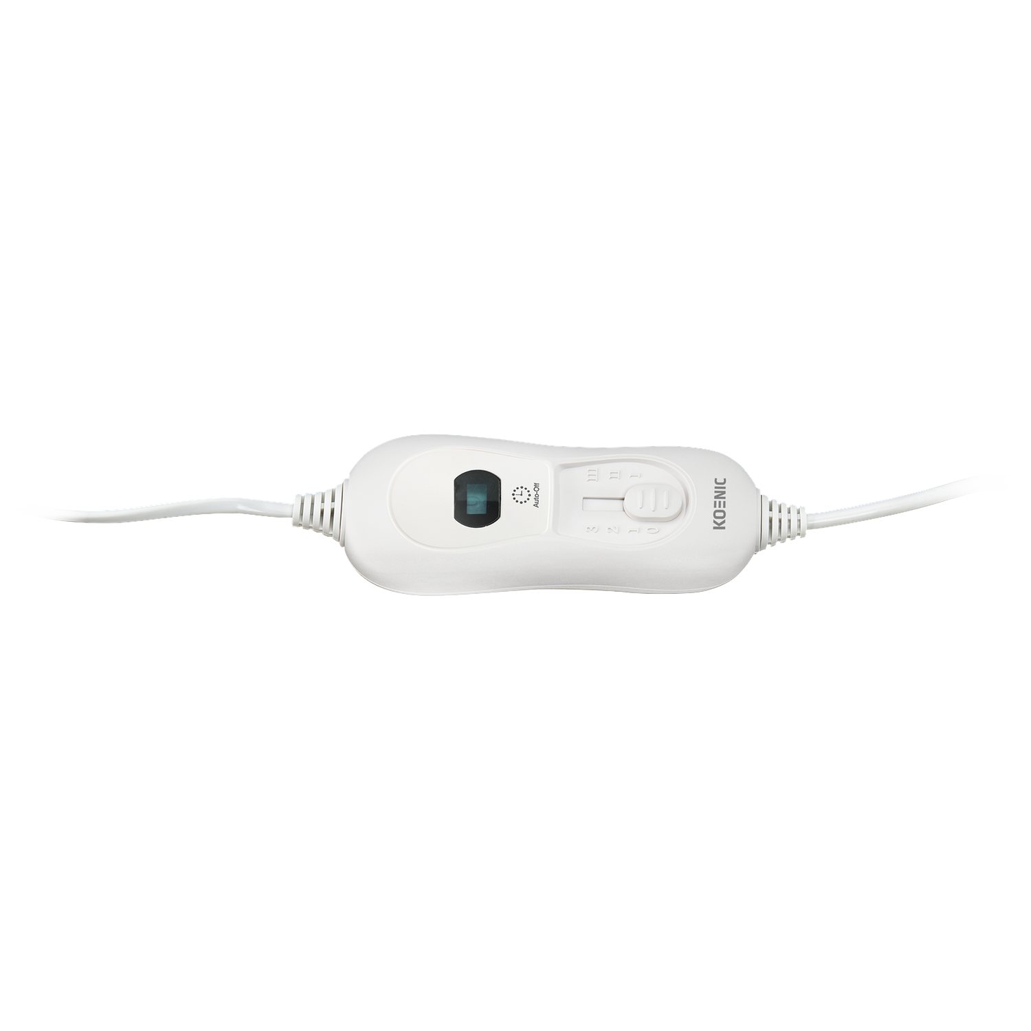 White Koenic control unit with digital display and slider switch on a black background.