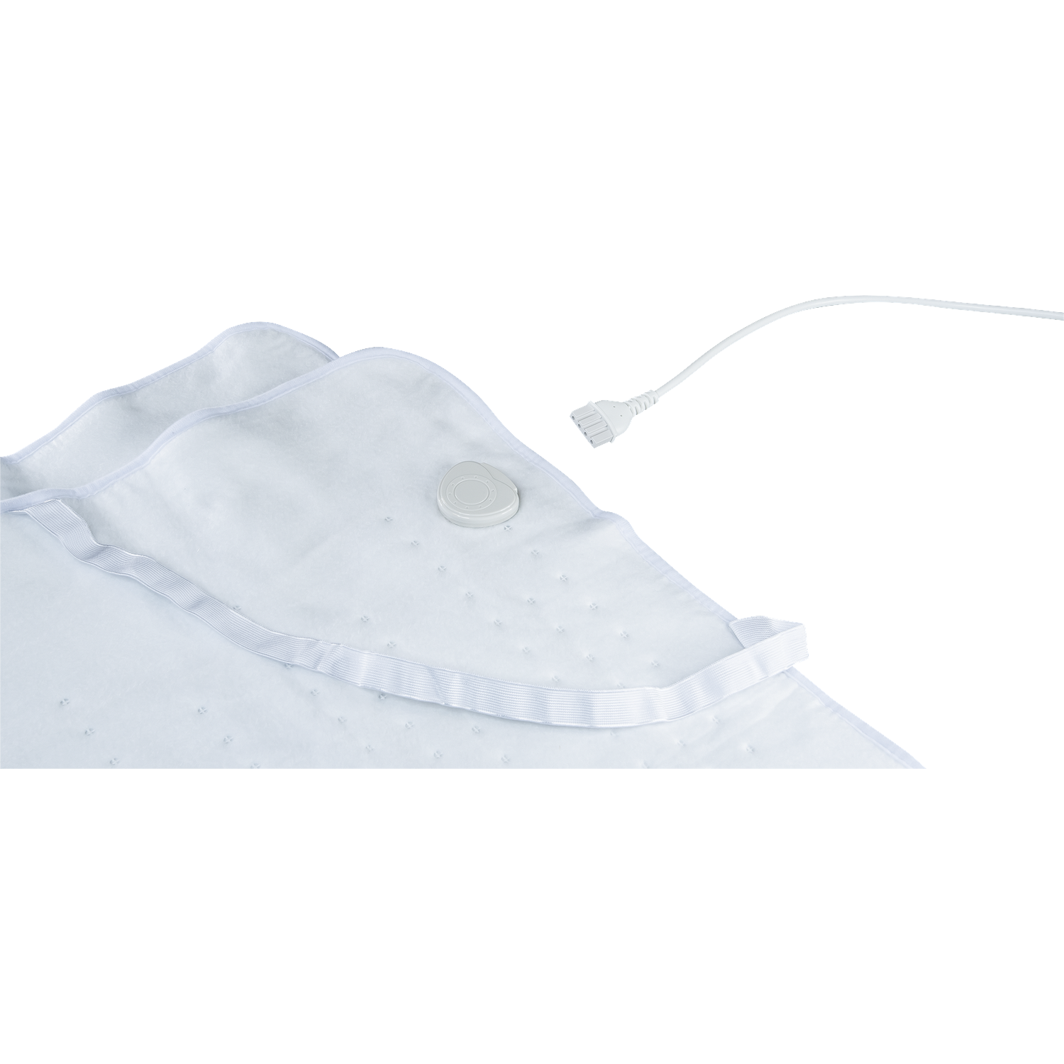 A white electric heating pad with a control button and a power cord against a black background.