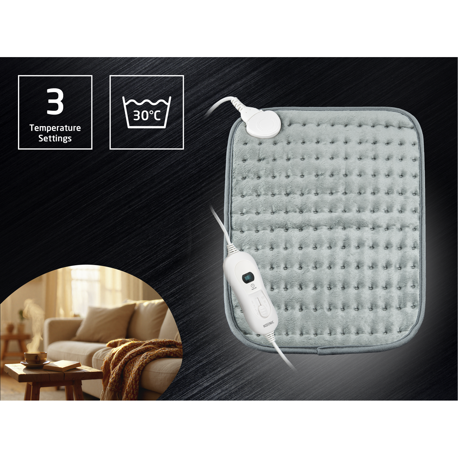 A grey heating pad with a control unit, 3 temperature settings, and washable at 30°C on a dark background.