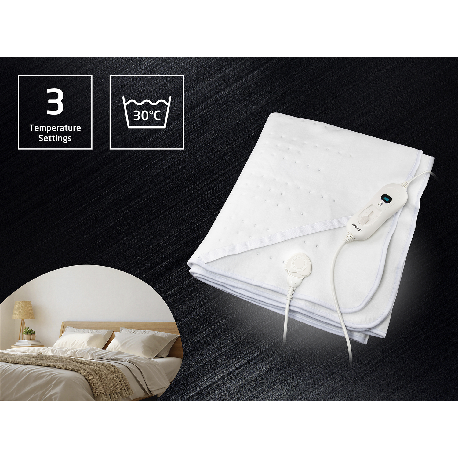 White electric underblanket with controller and washing instruction icons on a dark background and bedroom inset.