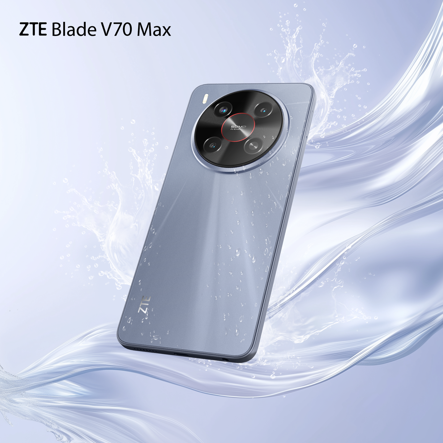 The ZTE Blade V70 Max smartphone in blue, surrounded by swirling water splashes.