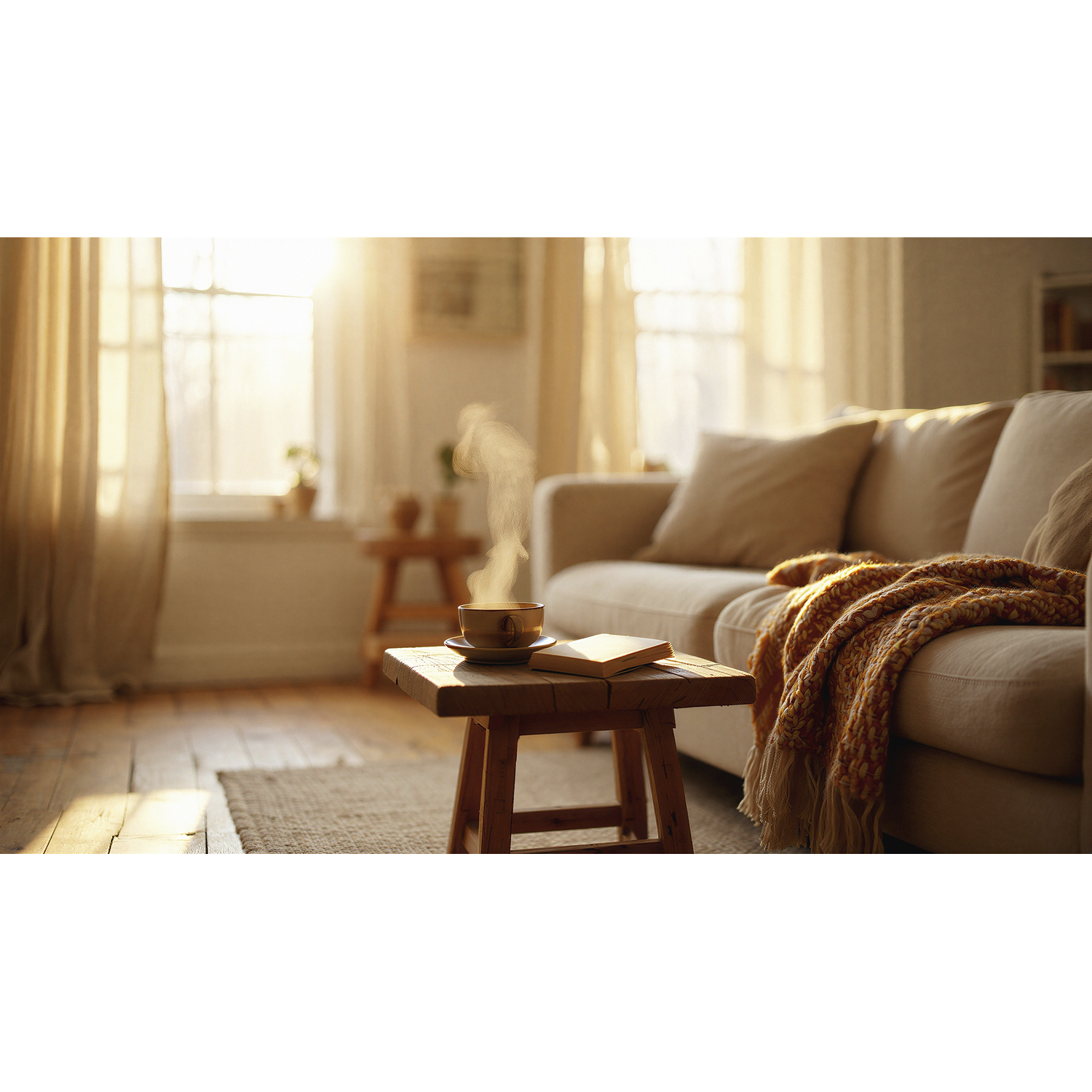 A steaming cup of coffee and a book rest on a wooden table before a sofa in a sunlit room.