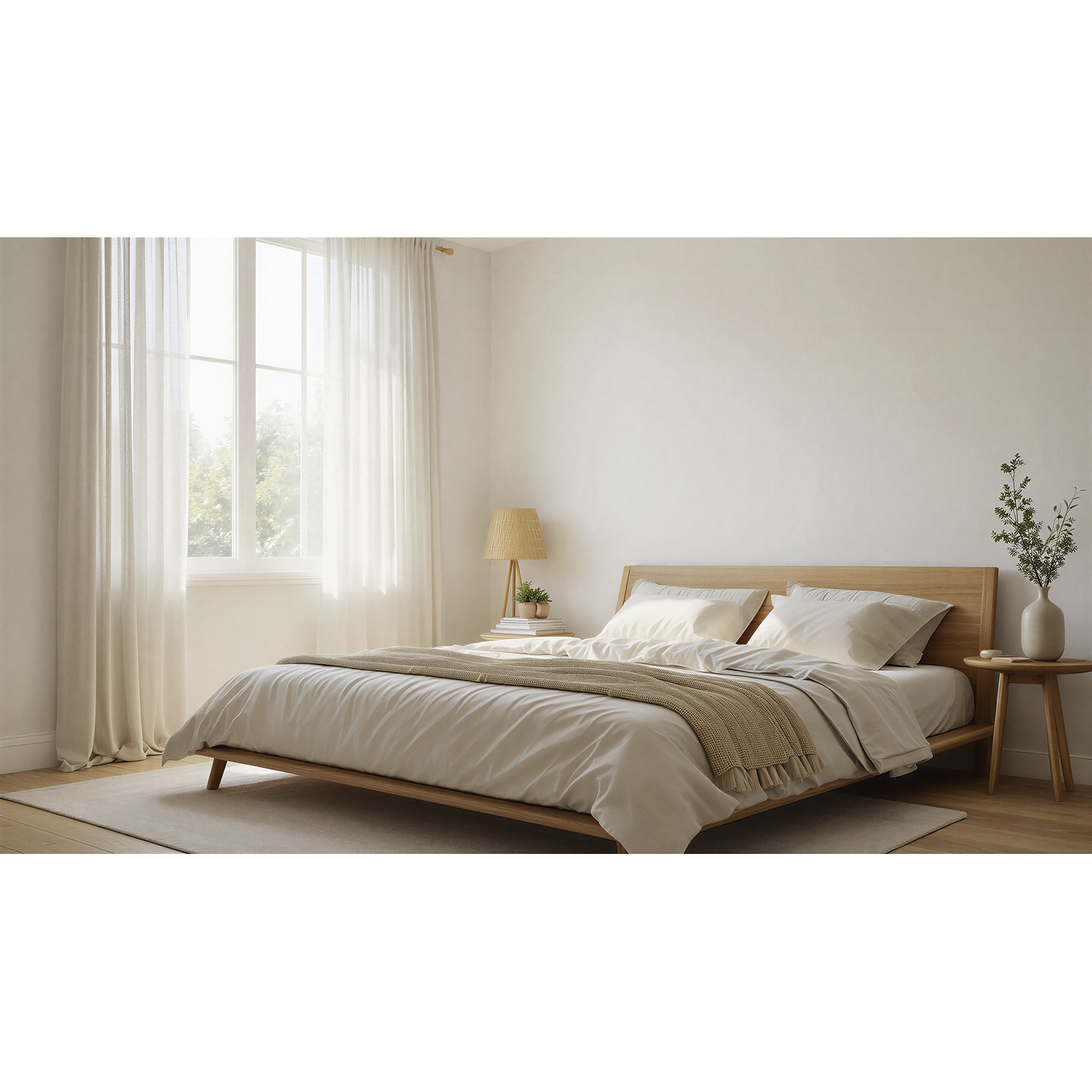A bright bedroom with a wooden bed, white linens, a knit throw, bedside tables, and sheer white curtains on a window.