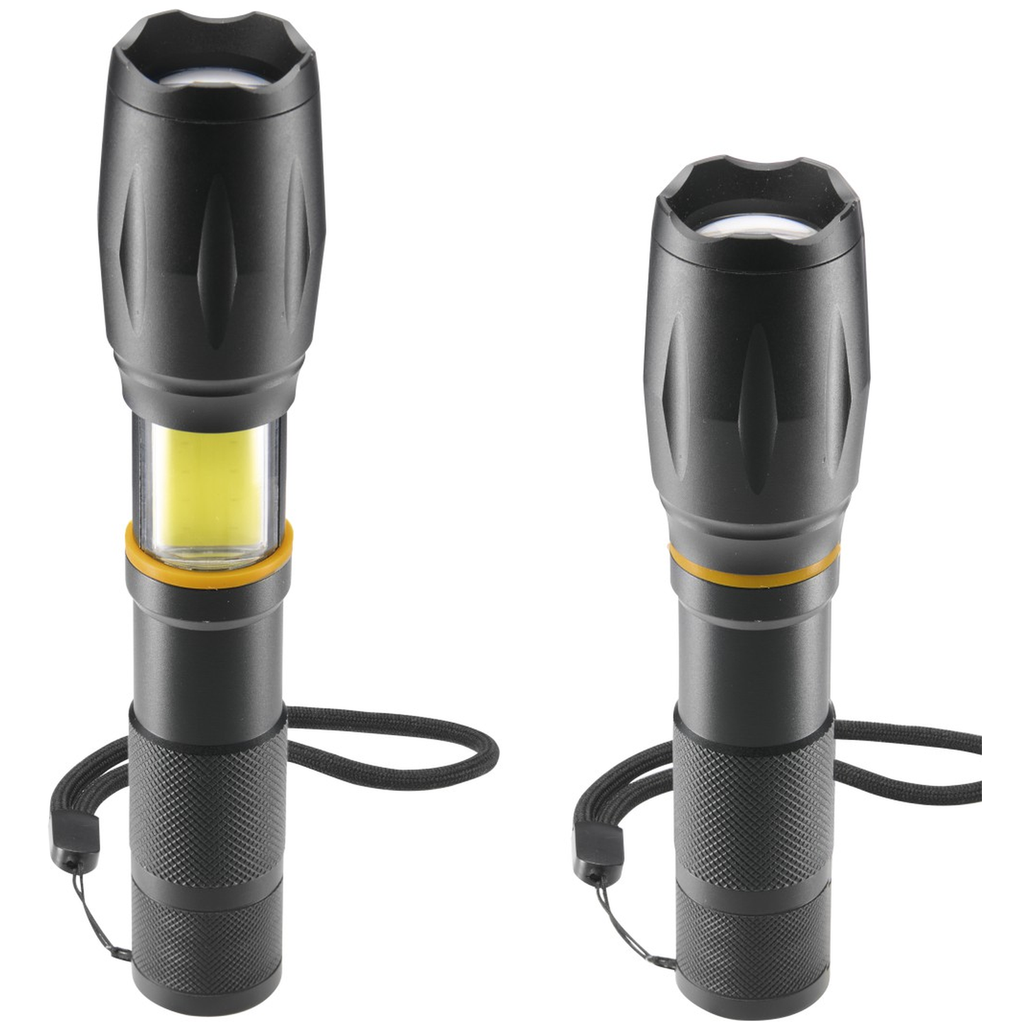 Twee zwarte LED-zaklampen met polsbandjes tegen een witte achtergrond; eentje is uitgeschoven en toont een zijlichtpaneel.