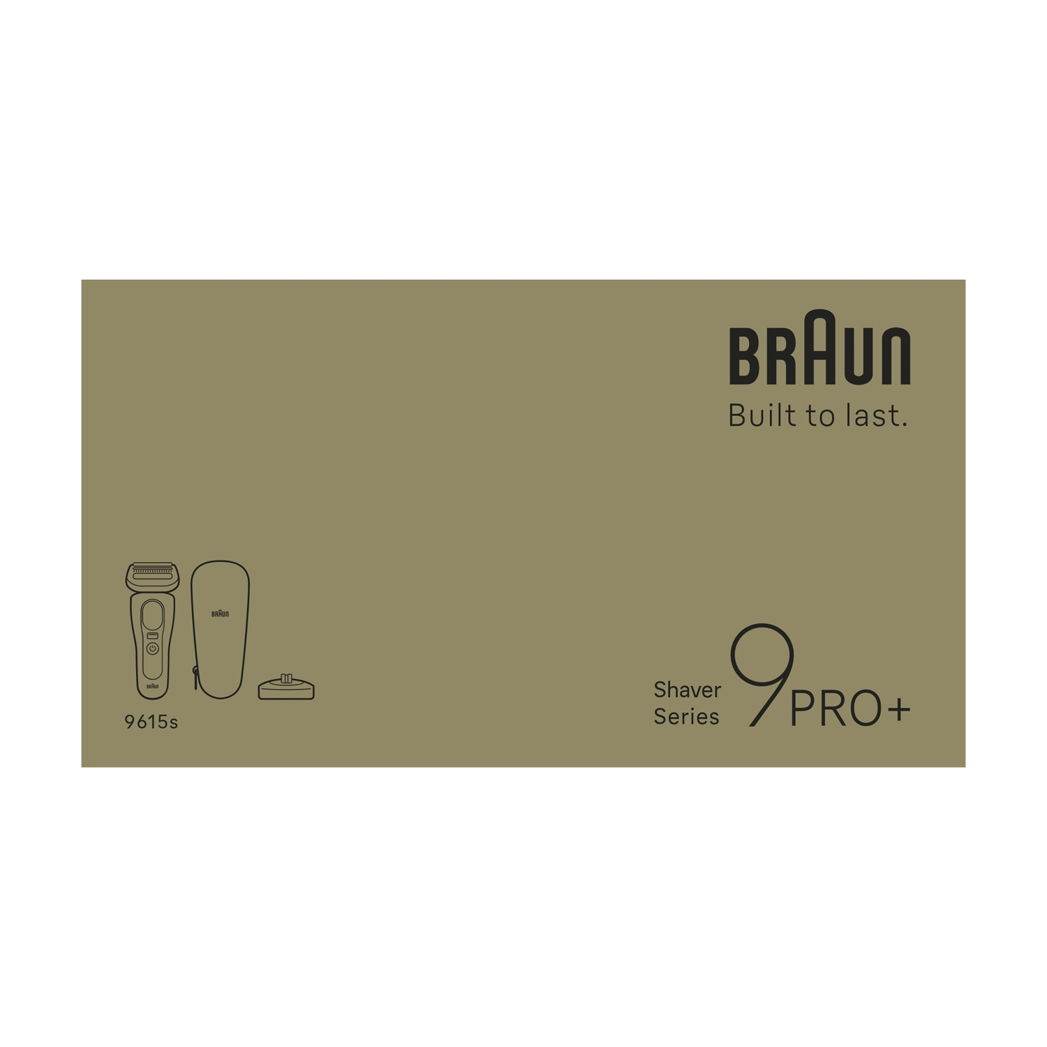 Scatola verde oliva Braun Shaver Series 9 PRO+ con testo nero e disegni al tratto del rasoio, della custodia e della base.