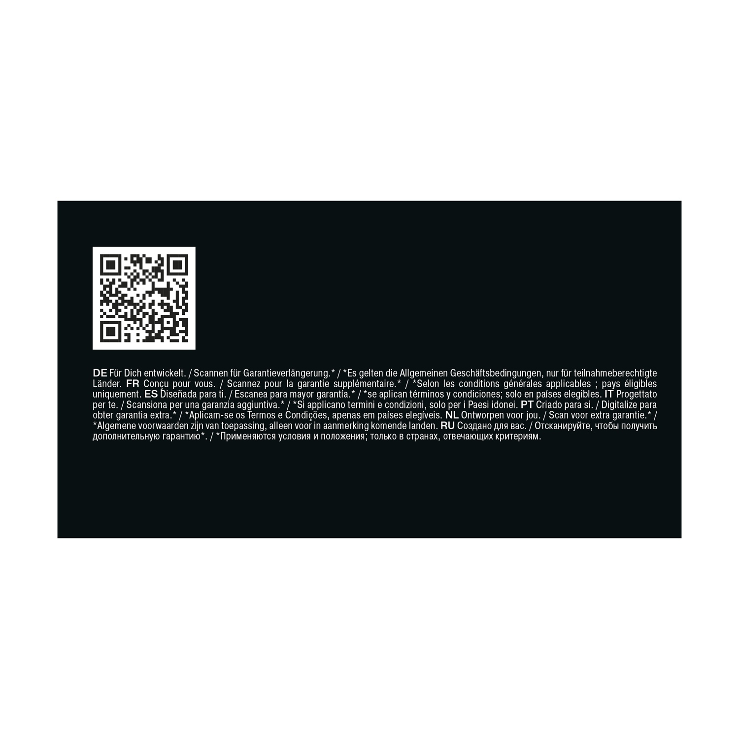 Un codice QR su sfondo nero con testo multilingue per l'estensione della garanzia.