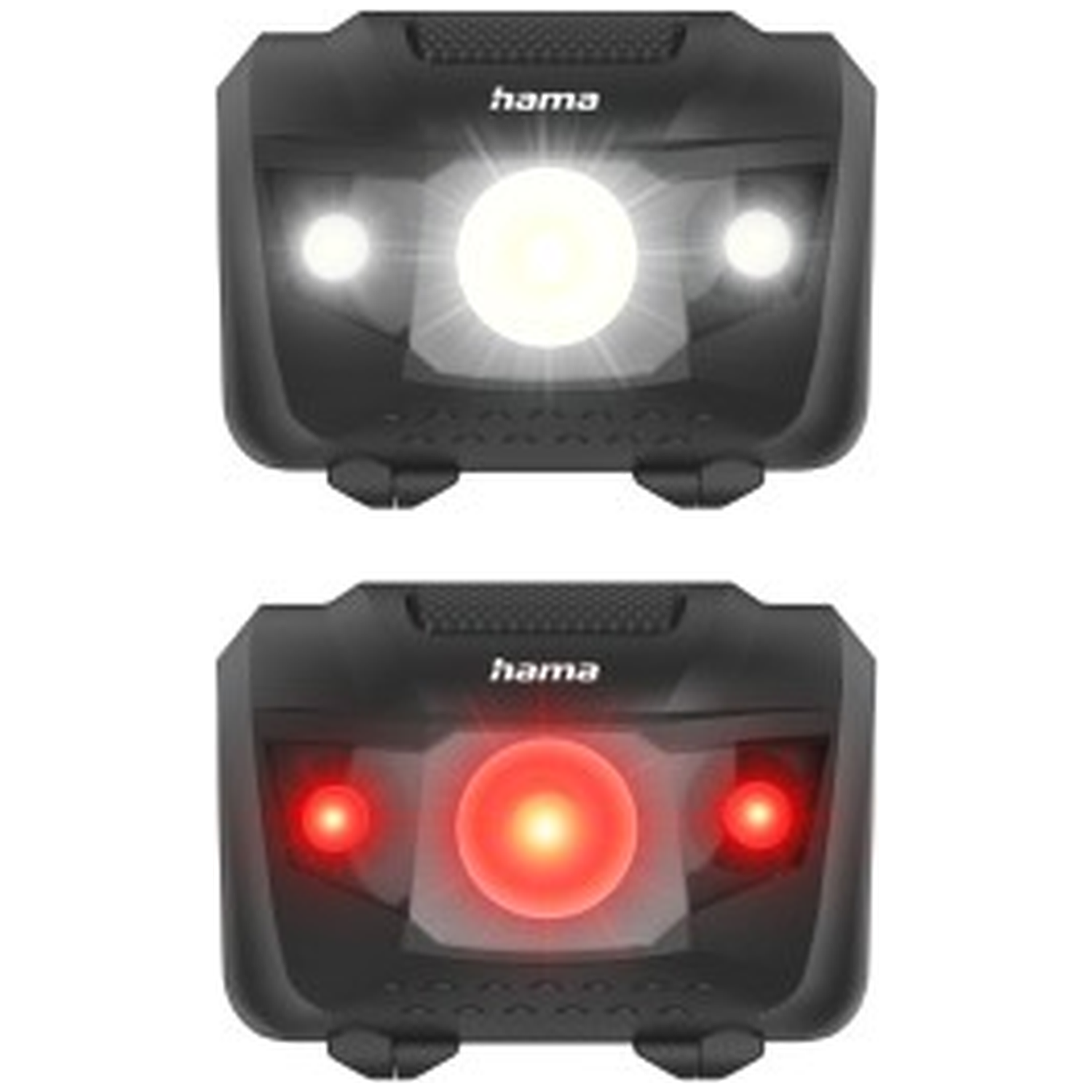 Twee zwarte Hama hoofdlampen: één met helder wit licht, de andere met rood licht.