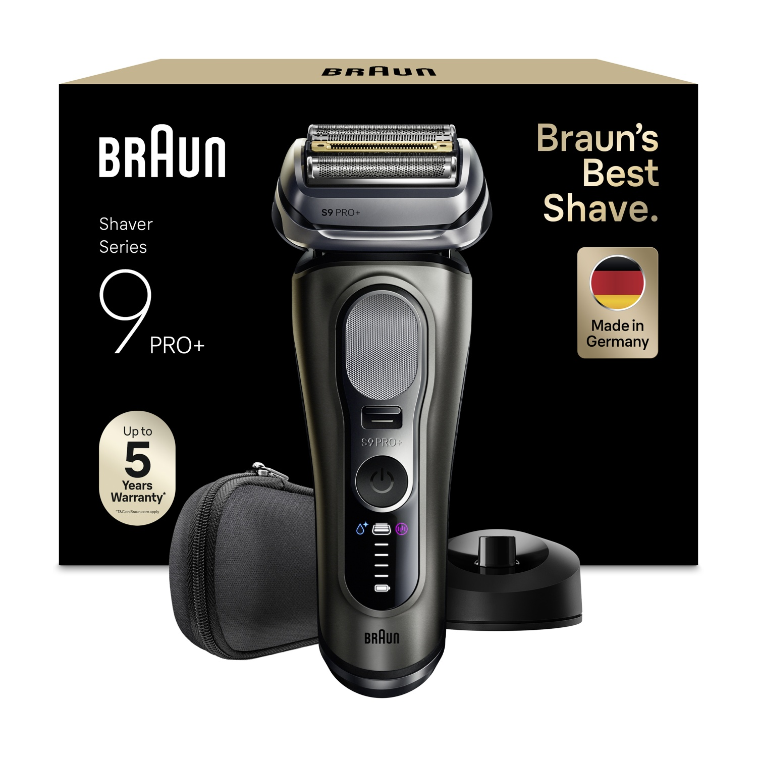 Rasoio Braun Series 9 Pro+ davanti alla confezione, con custodia e base.