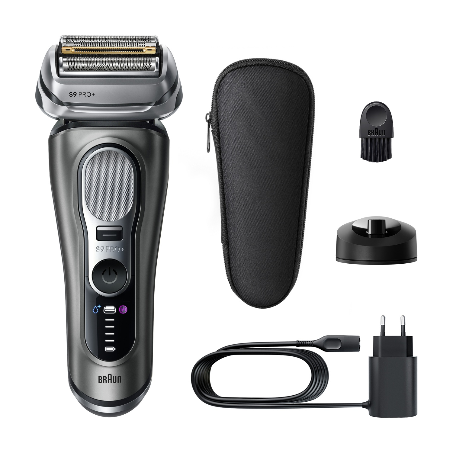Rasoio grigio Braun S9 Pro+ con custodia, cavo di ricarica, adattatore, supporto di ricarica e spazzola su sfondo bianco.