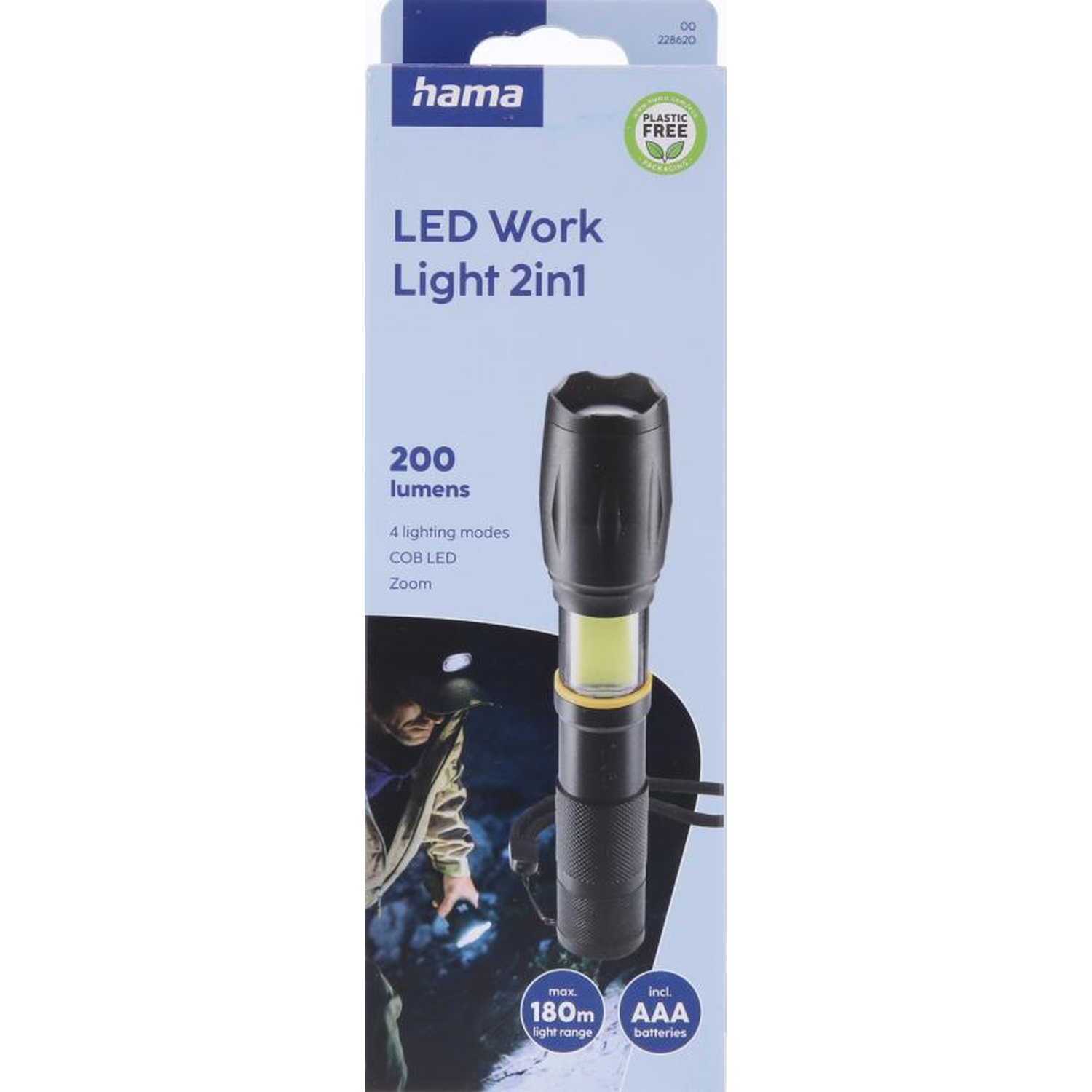 Blauwe verpakking voor een Hama LED werklamp 2in1 met 200 lumen en afbeelding van de zwarte zaklamp.