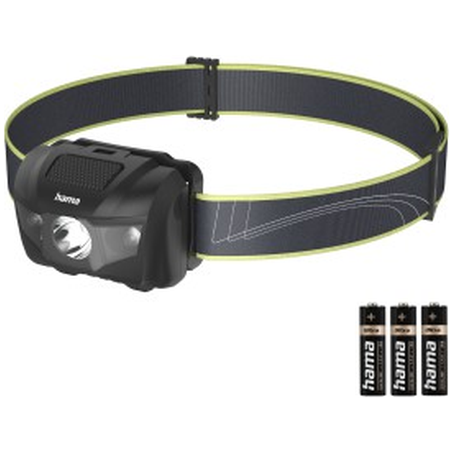 Zwarte hoofdlamp met elastische grijs-groene band en drie Hama-batterijen op een witte achtergrond.