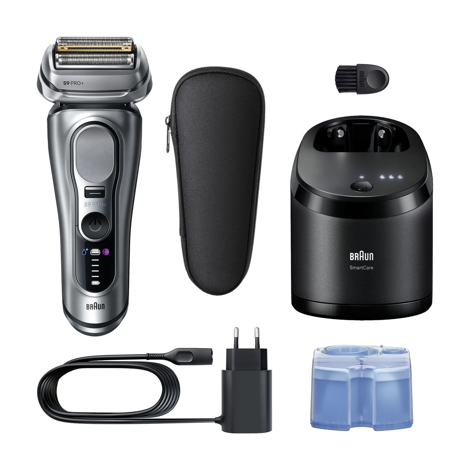 Rasoio Braun Series 9 Pro+ con custodia, base di ricarica, spazzolino, cavo, spina e cartuccia.