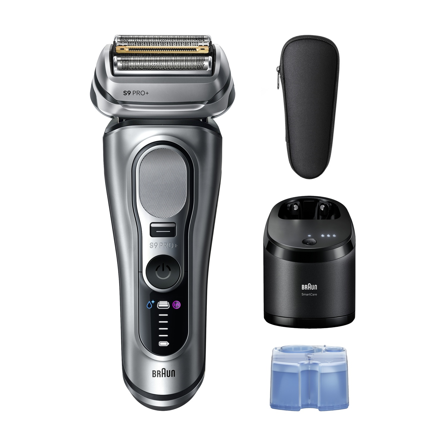 Rasoio argentato Braun S9 Pro+, base di ricarica, custodia e cartuccia.